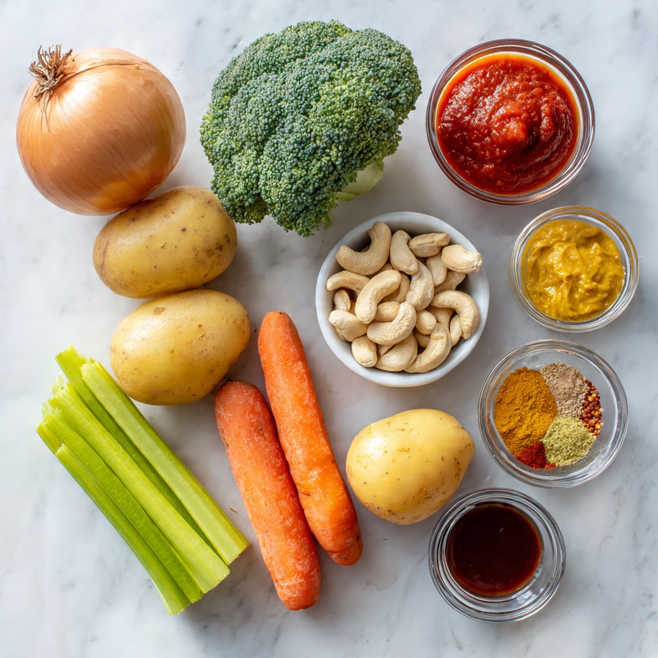 Copycat Panera Broccoli Cheddar Soup Recipe 4 The image shows fresh cooking ingredients laid out on a white marbled surface, including one whole yellow onion, two whole orange carrots placed side by side, two small yellow potatoes, three sticks of green celery, a medium green broccoli head, and one clove of garlic. There is a white bowl filled with cashew nuts positioned near the center. On the upper right side, there are three small clear glass bowls: one with red tomato paste and light brown mustard side by side, one with a mix of yellow and red spices, and another with a dark brown liquid. Photo taken with an iphone --ar 4:5 --v 7