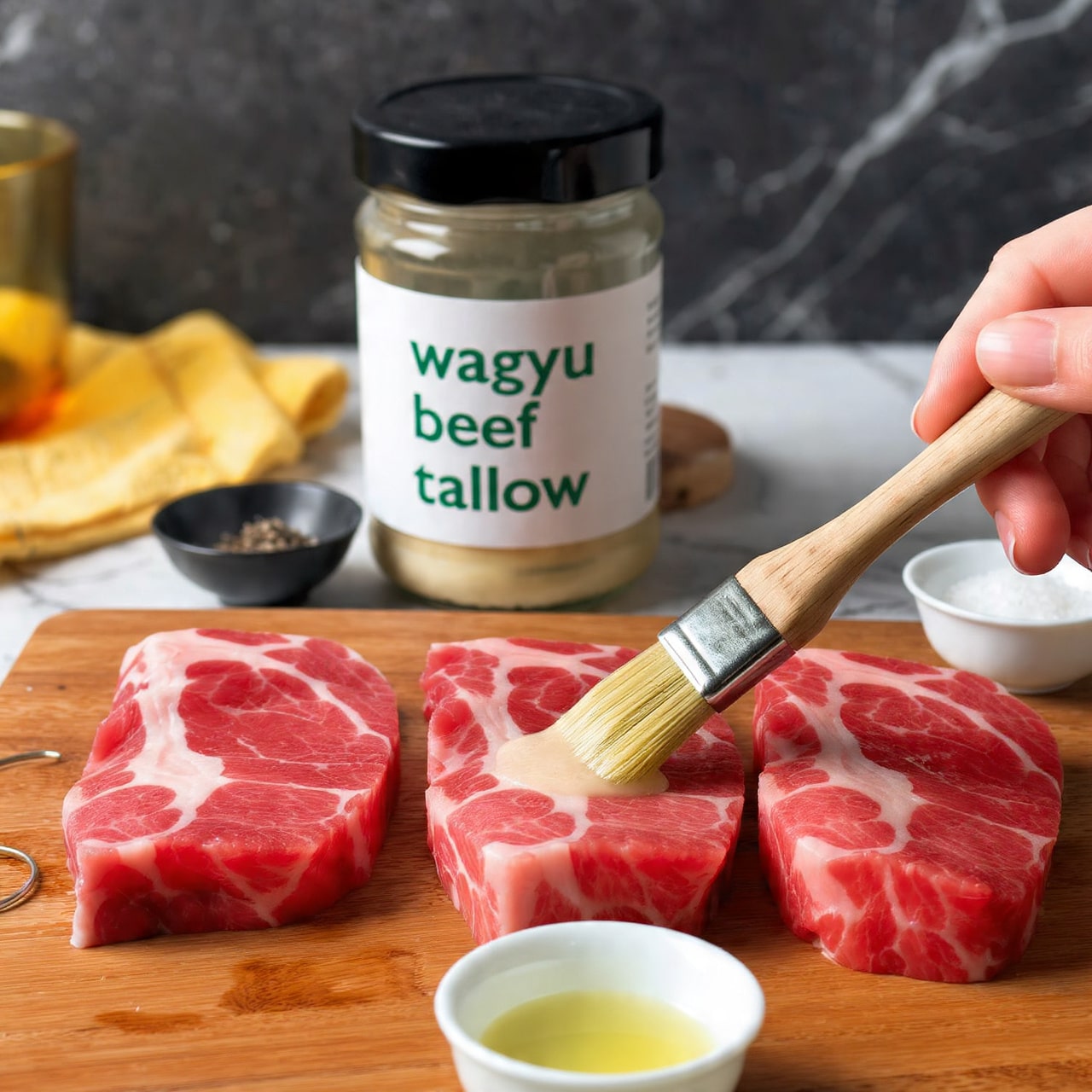 The image shows three pieces of raw red meat with white fat veins on a wooden cutting board. The piece in the middle is being brushed with a light yellow oil by a woman's hand holding a wooden brush with a metal ring. In the foreground, there is a small white bowl filled with a pale yellow liquid. Behind the meat, there is a tall glass jar with a black lid labeled