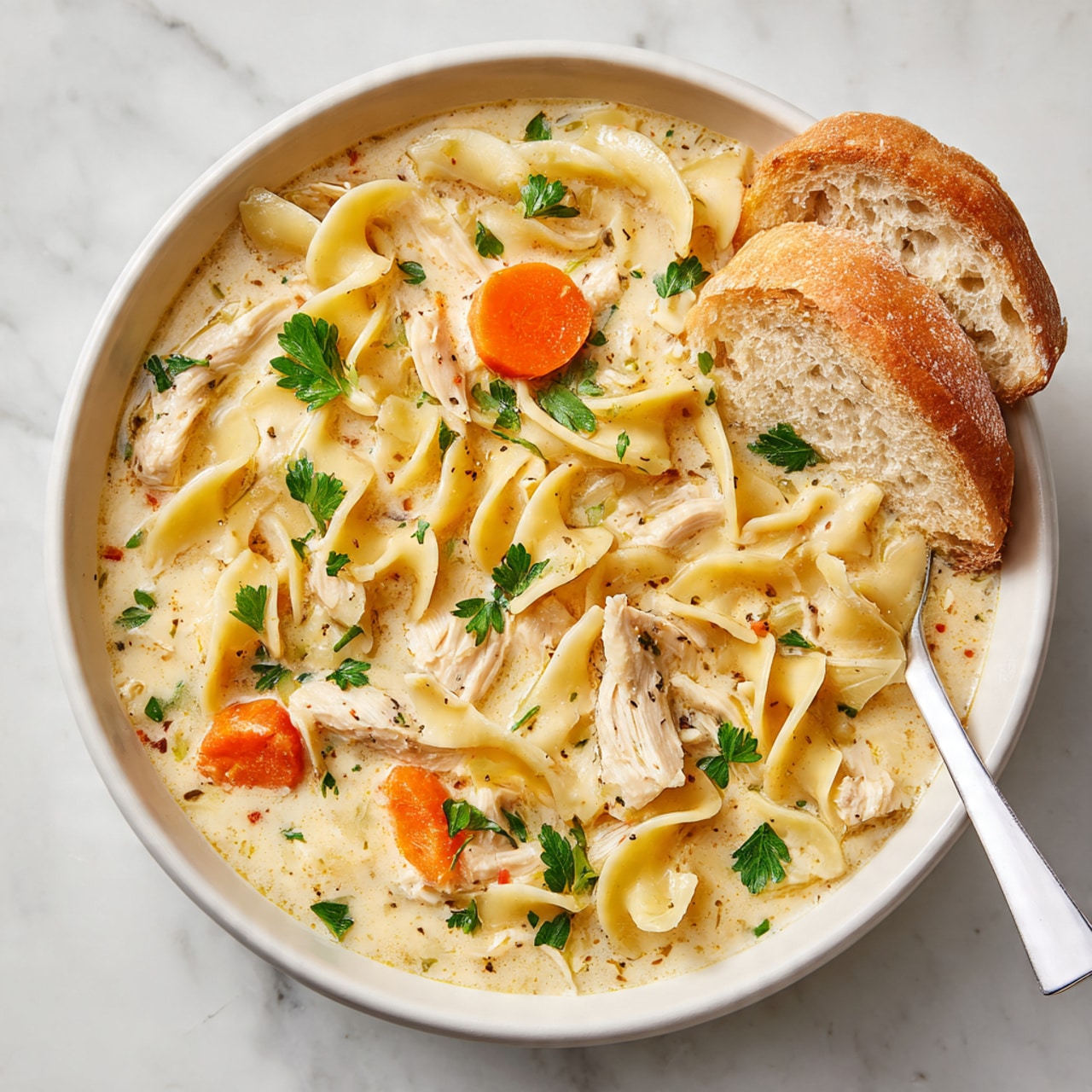 The image shows a white bowl filled with a creamy chicken noodle soup. The soup has three main layers: a thick, creamy broth colored light beige with small bits floating, soft egg noodles that are pale yellow and twisted, and chunks of cooked chicken that look tender and tender white. There are also bright orange carrot slices and a few green parsley leaves scattered on top for color. Two small pieces of crusty bread rest on the side inside the bowl, and a white spoon is placed on the right edge. The background and surface are white marble. Photo taken with an iphone --ar 4:5 --v 7