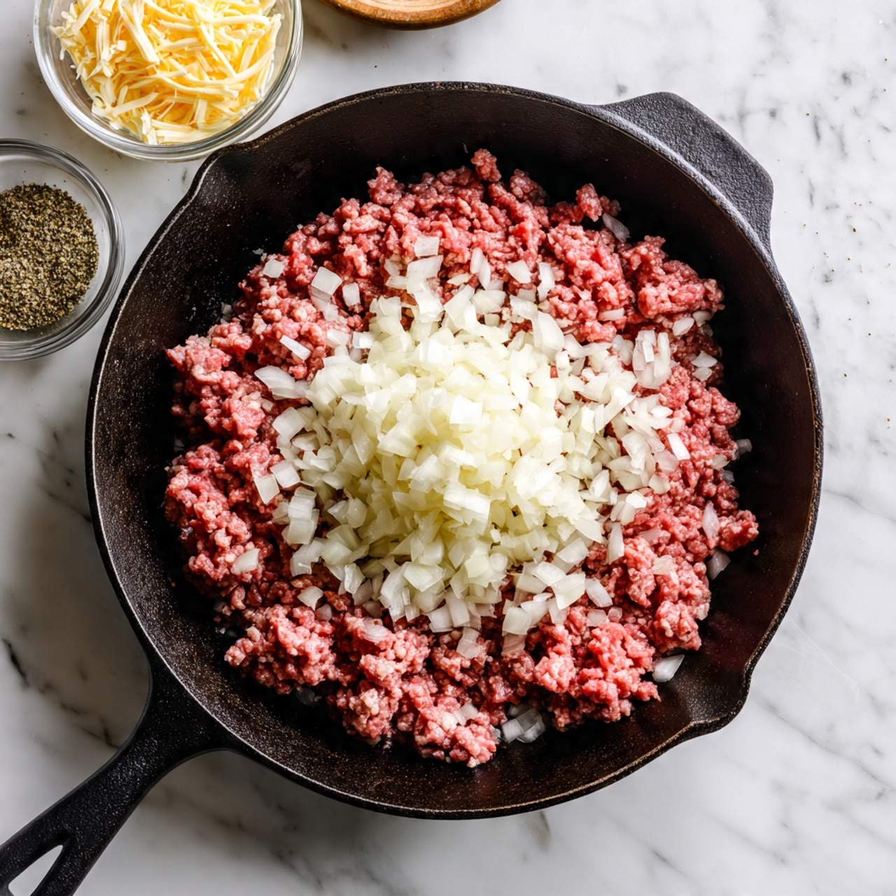 In this image, a black cast iron pan is filled with raw ground beef as the bottom layer, with finely chopped white onions placed on top in the center. The meat looks raw and slightly pink with a coarse texture, while the onions are finely diced and bright white. The pan sits on a white marbled surface, and some ingredients like shredded cheese and spices in small clear bowls are slightly visible blurred in the background. Photo taken with an iphone --ar 4:5 --v 7