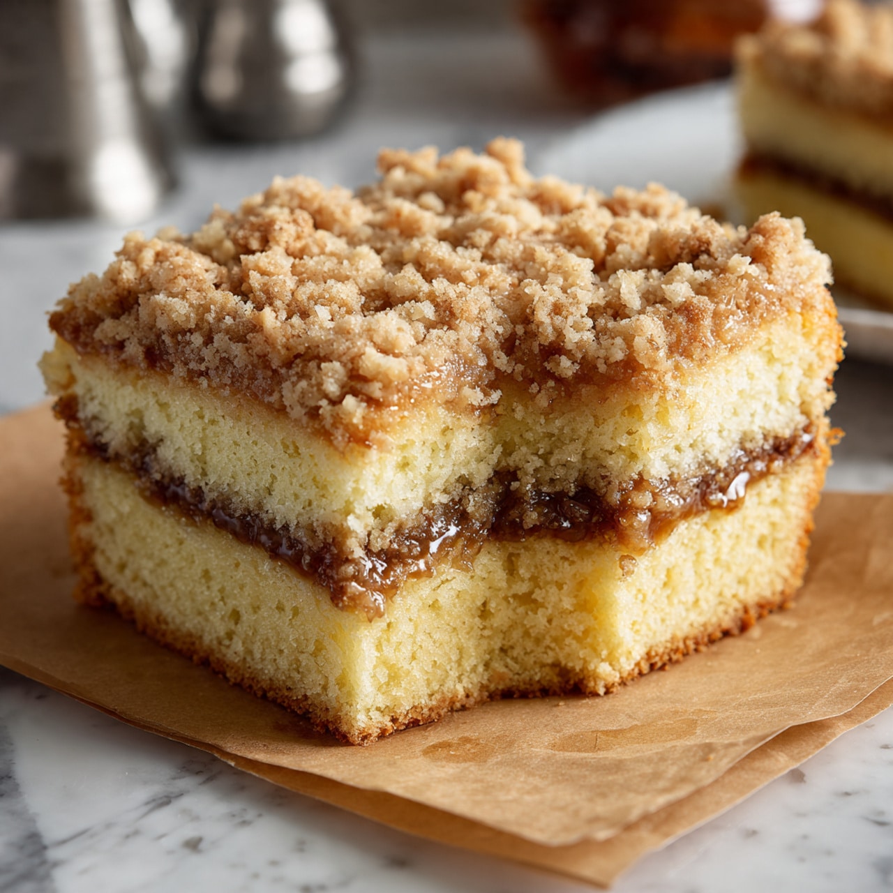 The image shows a square crumb cake with three layers: the bottom layer is a light yellow soft cake, the middle layer is a thin darker cinnamon filling running through the center, and the top layer is a thick crumb topping made of brown sugar and cinnamon. The cake is resting on brown parchment paper and has a piece cut out, showing the inside layers clearly. The top crumb layer looks rough and crumbly with a shiny glaze in some spots. The background is a white marbled surface with some kitchen items blurred in the distance. photo taken with an iphone --ar 4:5 --v 7