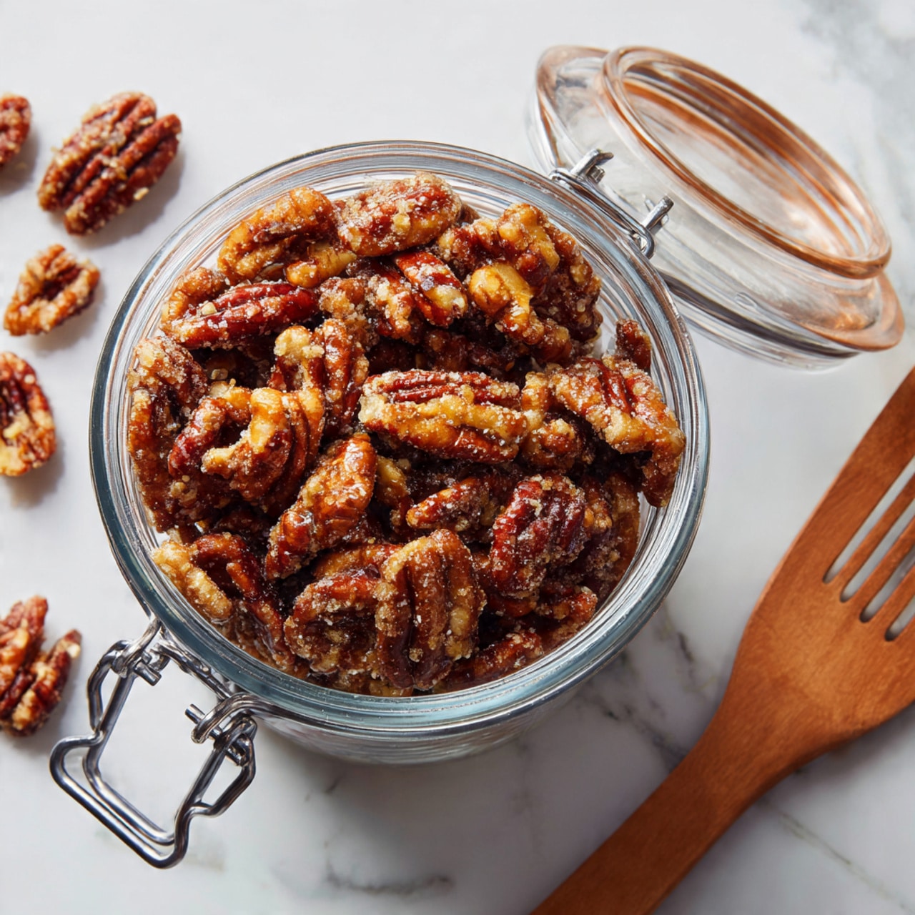 A clear glass jar is full of golden-brown candied pecans, each nut covered with a crispy sugary coating that shows a crumbly texture. The jar is open with its metal clasp lifted to the side, sitting on a white marbled surface with more candied pecans scattered around it. In the lower right corner, a slotted brown spatula is partially visible, resting near the jar. The colors are warm with a mix of light and dark browns from the pecans and their sugar crust, creating a cozy and inviting look. photo taken with an iphone --ar 4:5 --v 7
