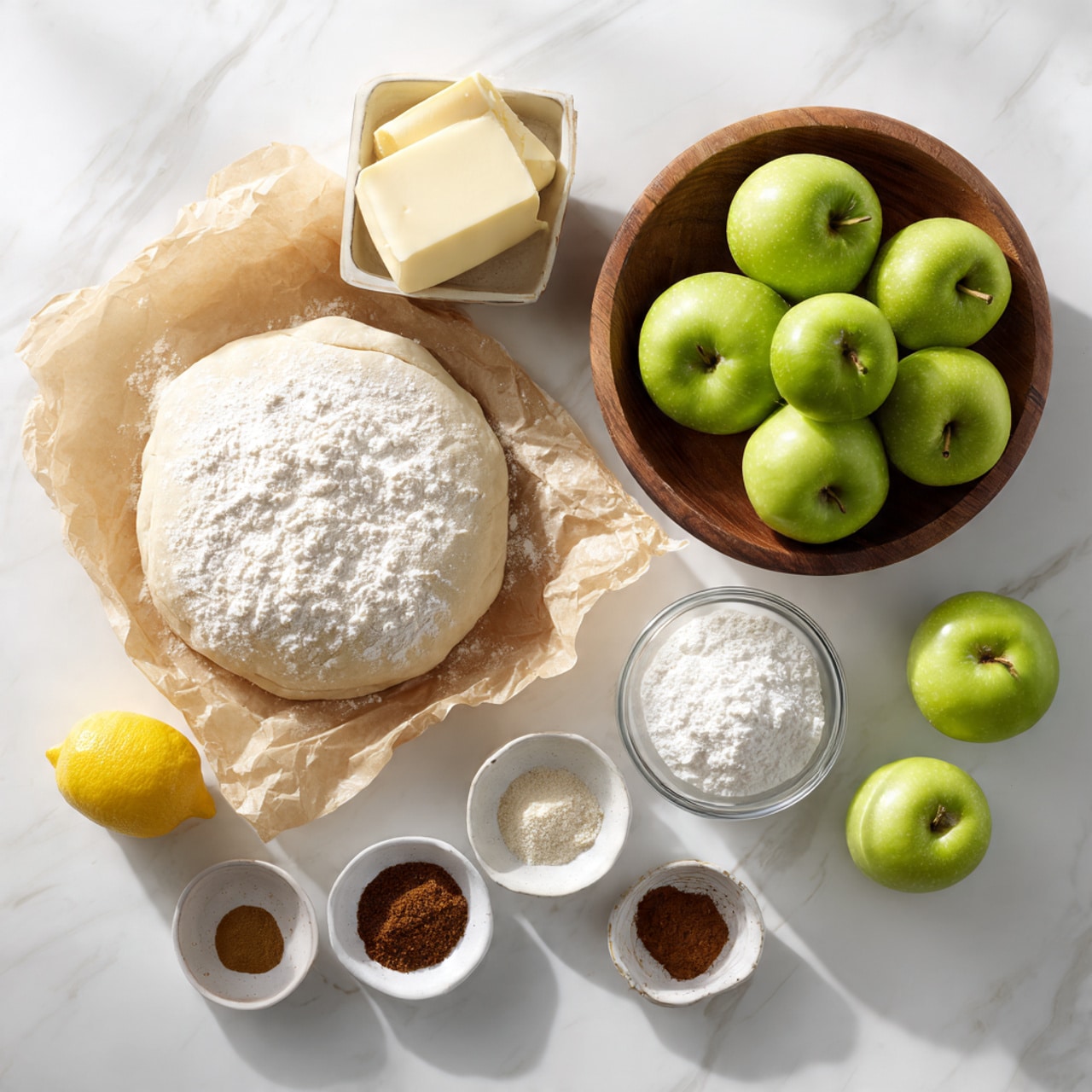A white marbled surface holds several ingredients neatly arranged: a wooden bowl filled with bright green apples is placed on the right side with a few apples scattered outside the bowl. To the left of the bowl are baking ingredients laid out flat—a round disk of dough resting on crinkled parchment paper is center-left. Above it, there is a small square container with a slab of pale yellow butter, and next to it, a small wooden bowl with white flour. Further left is a small glass bowl filled with white sugar and four small dishes below it containing an egg, cinnamon powder, brown spice, and nutmeg or a similar dark spice. At the bottom left corner is a whole yellow lemon. The setup is clean, bright, and simple, with soft natural light highlighting the textures photo taken with an iphone --ar 4:5 --v 7
