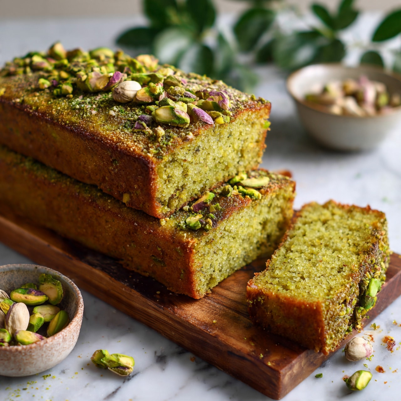 The image shows three rectangular slices of green pistachio cake stacked neatly on a wooden board that rests on a white marbled surface with green leaves in the background. The top of the cake is golden-brown with a rough texture and is decorated with whole and chopped pistachios in shades of green and brown. One slice is slightly pulled out, showing the soft green, moist inside with a fine crumb texture. A small round bowl with more pistachios sits beside the board. The scene looks natural and fresh, captured with soft lighting. Photo taken with an iphone --ar 4:5 --v 7