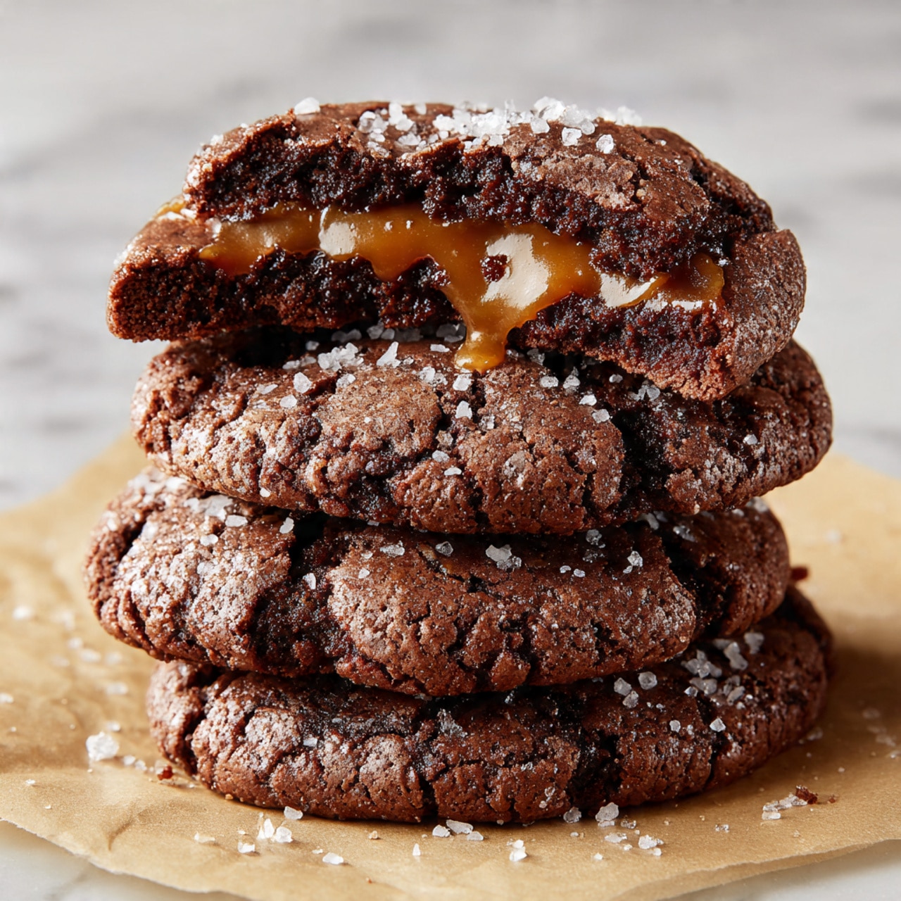 A stack of four dark brown cookies with a crumbly, cracked surface is shown close up. The top cookie is broken in half, revealing a soft, chewy inside with a shiny, caramel-colored filling stretching between the pieces. Granulated sugar crystals sparkle on the top cookie's surface, adding texture and shine. The cookies sit on a piece of light beige parchment paper, which rests on a white marbled background. photo taken with an iphone --ar 4:5 --v 7