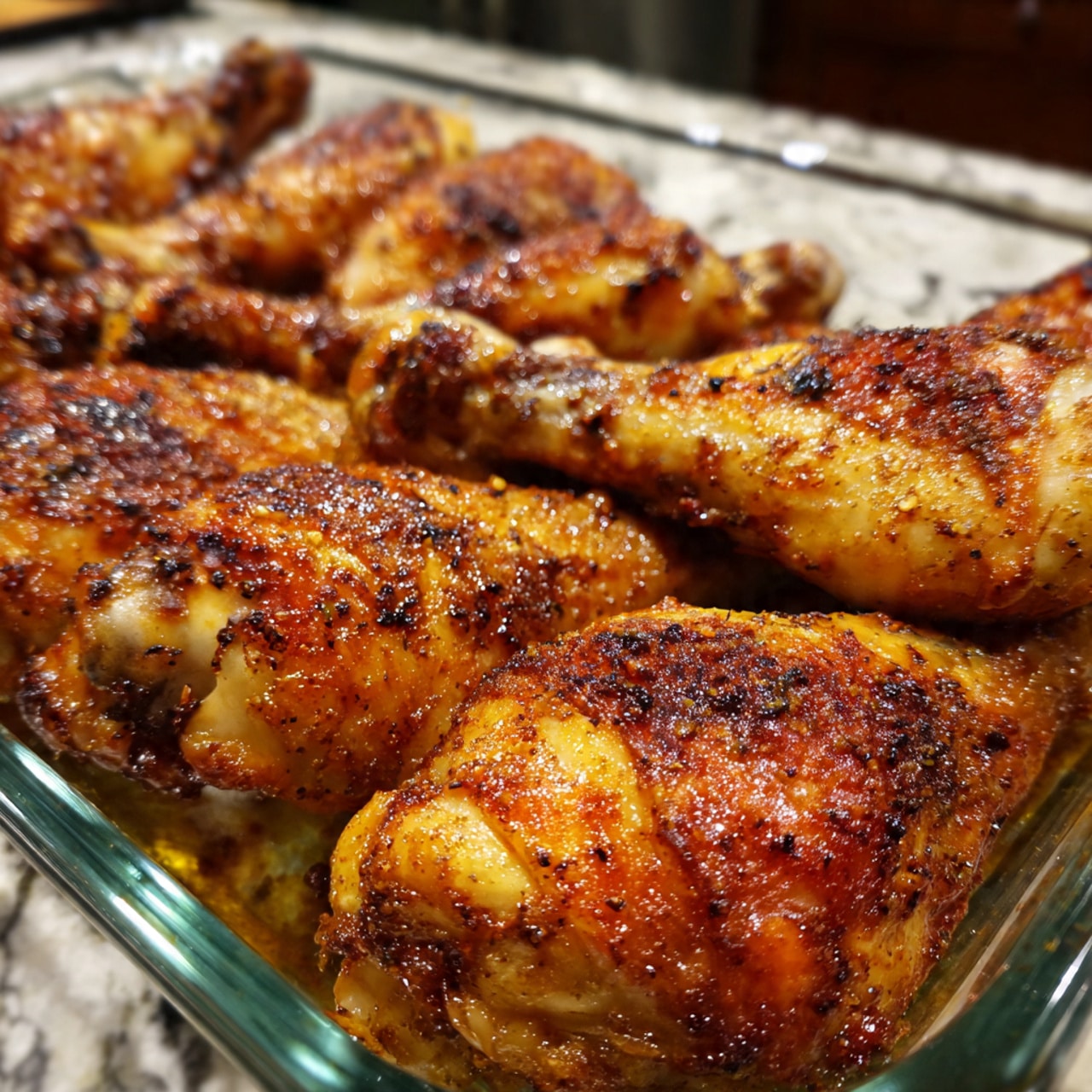 The image shows a glass tray filled with several crispy, golden-brown chicken drumsticks stacked closely together. The drumsticks have a textured surface with visible seasoning and a slightly charred appearance, giving them a rich, deep brown color with darker spots. The tray sits on a white marbled surface, adding contrast to the warm tones of the chicken. photo taken with an iphone --ar 4:5 --v 7
