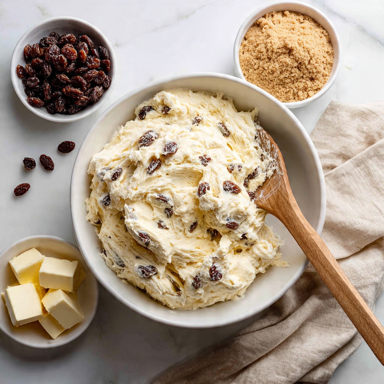 A large white bowl filled with thick, creamy dough mixed with dark brown raisins scattered throughout, showing a slightly lumpy texture. A wooden spoon rests inside the bowl, partially covered in dough, positioned on the right side. Surrounding the bowl are three smaller white bowls: one at the top left filled with more dark brown raisins, one at the top right containing crumbly brown sugar, and one at the bottom left holding pale yellow cubes of butter. The scene is set on a white marbled surface with a soft beige cloth gently folded on the lower right side. photo taken with an iphone --ar 4:5 --v 7