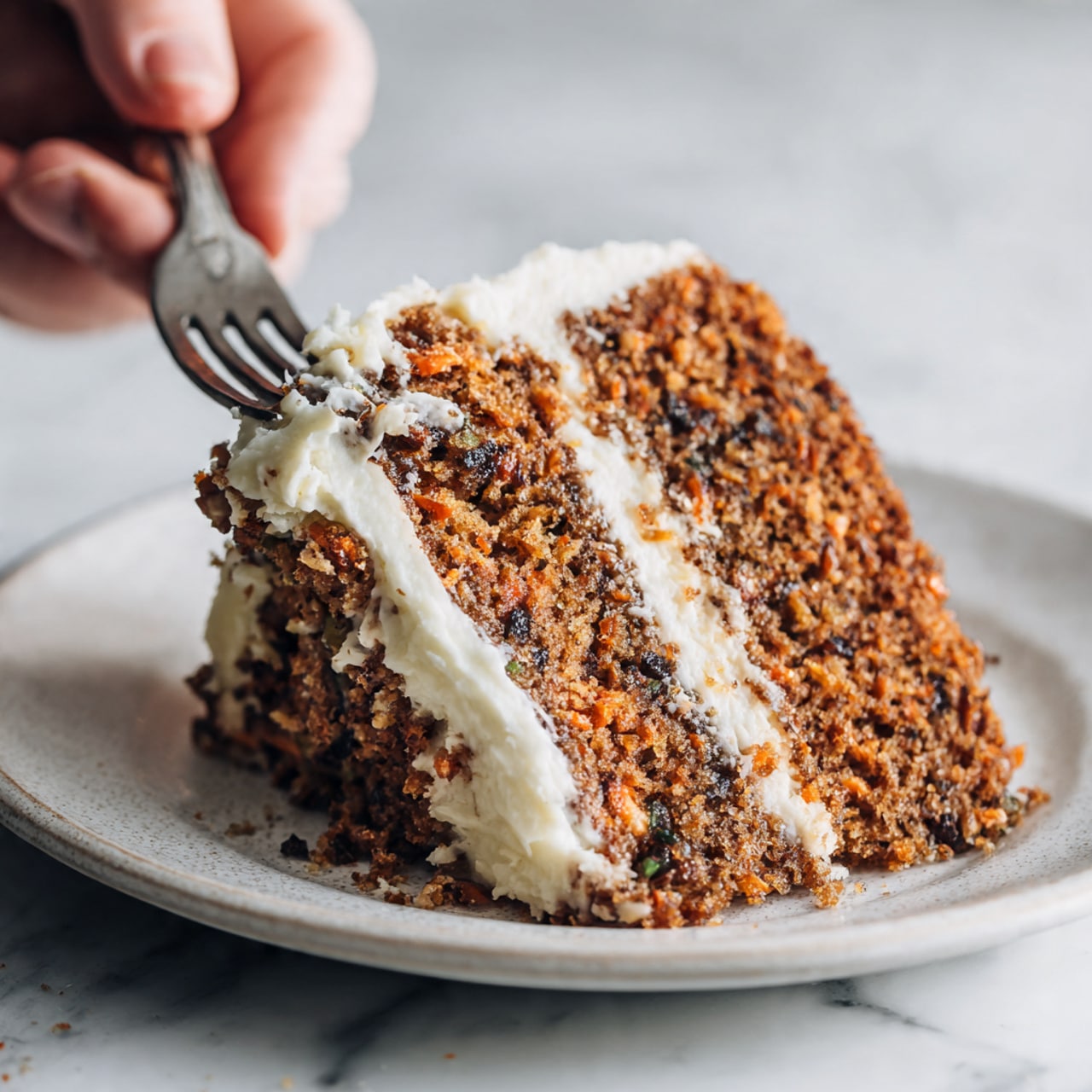 A close-up view shows a thick slice of brown carrot cake with visible black and light brown bits inside, covered with off-white cream cheese frosting spread unevenly on top and near the sides. The slice rests on a white plate with a crumbly piece lifted by a woman's hand holding a fork, poised just above the plate. The background is a white marbled surface, adding brightness to the scene. The texture of the cake looks moist and dense with the contrasting smooth frosting on top, making the overall image inviting and rich photo taken with an iphone --ar 4:5 --v 7