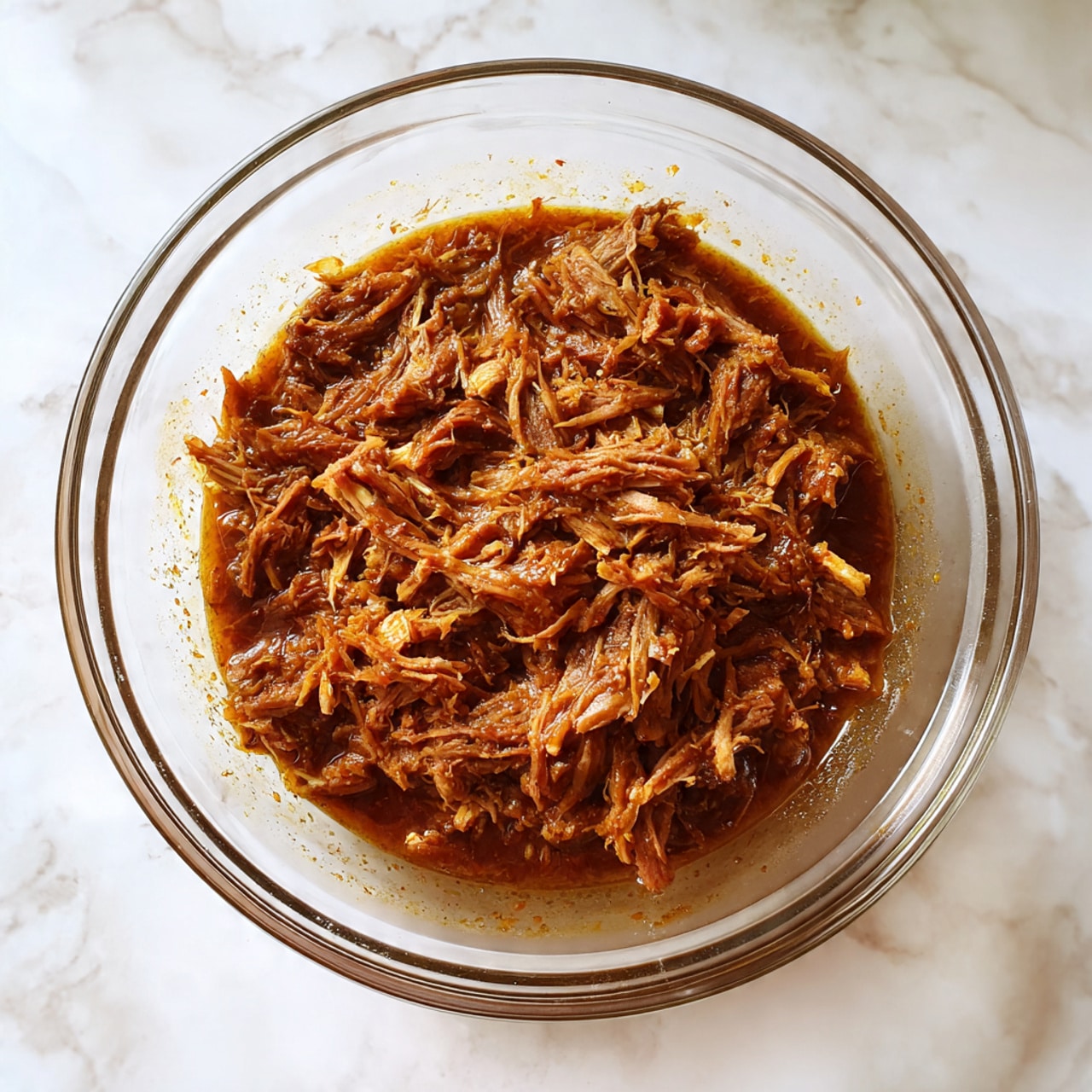 The image shows a clear glass bowl filled with shredded cooked meat soaked in a brown sauce. The meat has a soft, fibrous texture and is mixed with small bits of lighter brown and orange ingredients. The bowl sits on a white marbled surface with some of the sauce visible around the edges of the meat. photo taken with an iphone --ar 4:5 --v 7