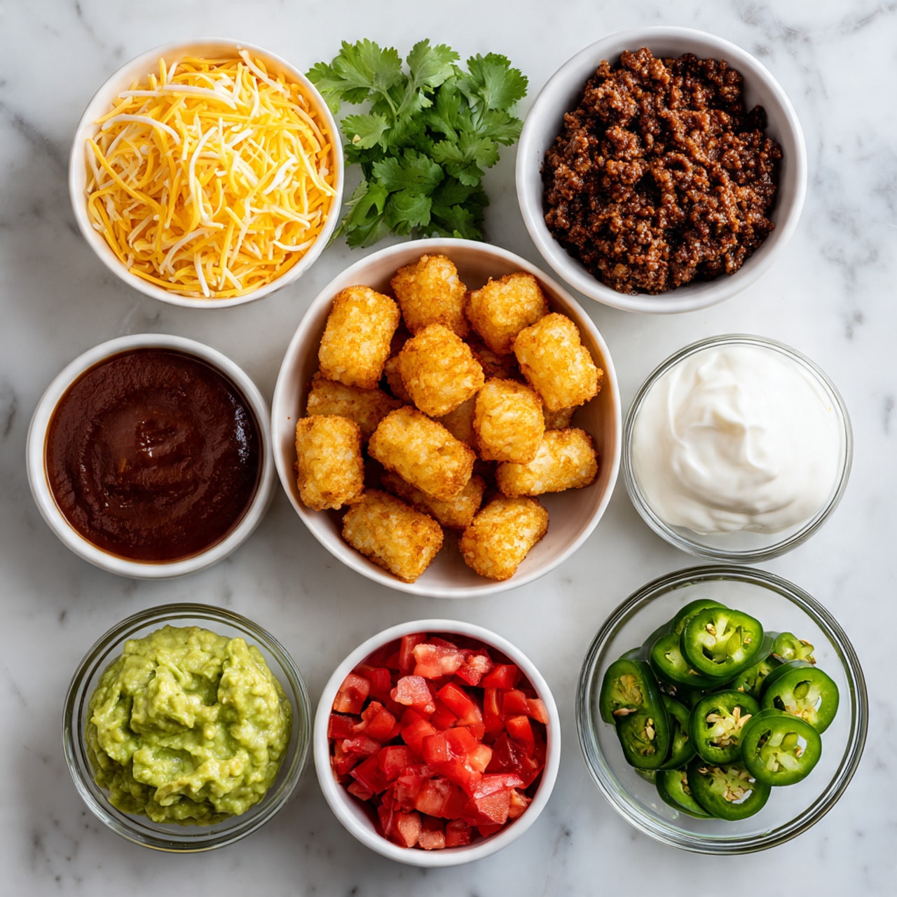 The image shows eight small bowls arranged on a white marbled surface. In the top left bowl, shredded yellow cheddar cheese is visible. To its right, a bowl contains dark brown cooked ground meat with a textured surface. Below the bowl of cheese sits a bowl filled with golden-brown breaded tater tots. To the right of the tater tots, a white bowl holds small bright red diced tomatoes. In the bottom left corner, a small bowl has green guacamole with a smooth, creamy texture. Next to it, another bowl contains a smooth, dark red sauce. Above this sauce, a glass bowl is filled with white sour cream showing a soft, creamy surface. To the bottom right, another bowl holds sliced green jalapeños that look glossy and slightly wet. Some fresh cilantro leaves are placed on the white marbled surface for decoration. Photo taken with an iphone --ar 4:5 --v 7