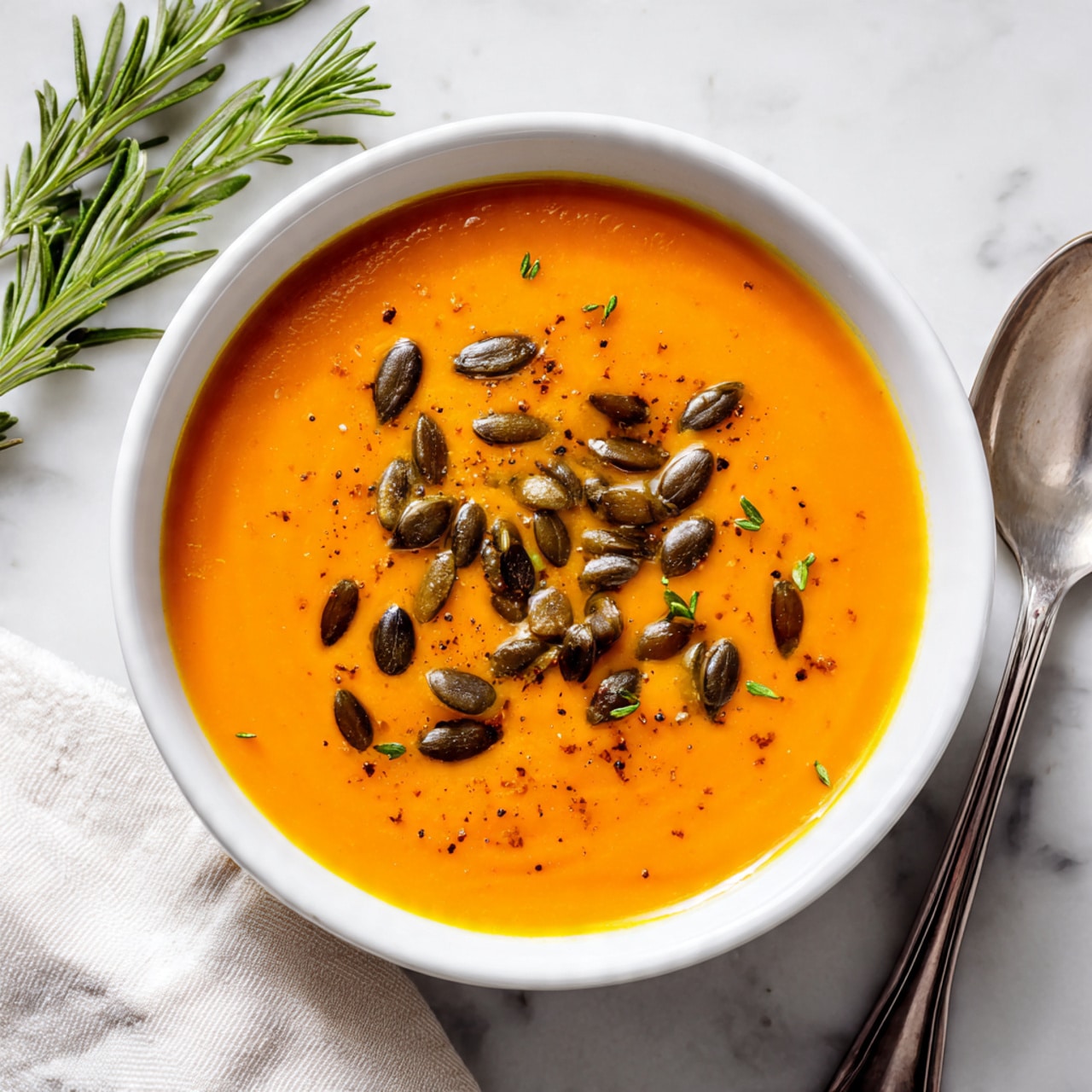 The image shows a white bowl filled with smooth, bright orange soup, topped with scattered dark roasted seeds, likely pumpkin seeds, giving a contrast on the surface. The bowl sits on a white marbled background, with a sprig of rosemary placed nearby, adding a touch of green. A spoon with a silver handle is also partly visible to the right side, and a woman's hand holding a white napkin is seen on the left edge. The overall feel is clean and fresh with warm colors. Photo taken with an iphone --ar 4:5 --v 7