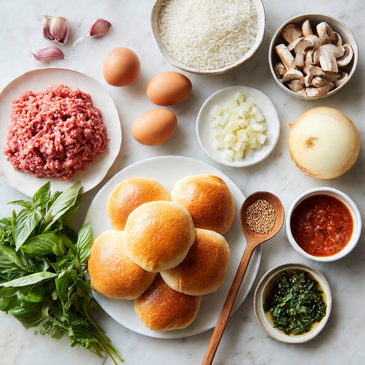 The image shows a white plate with three layers of fresh bread rolls at the bottom, golden brown with a soft texture. Above and to the side, there are two light brown eggs and small bowls of white rice and red sauce, both with smooth textures. A bunch of fresh green basil leaves and parsley are placed on the white marbled surface, creating a vibrant contrast. Next to them, there is a small pile of diced white mushrooms and a large pale yellow onion with a smooth skin. Raw ground meat with a pinkish-red color and a textured surface is on a white plate at the top left. A few garlic cloves with their purple-tinged skins are near the front. A woman's hand holds a wooden spoon with brown grains above the ingredients. photo taken with an iphone --ar 4:5 --v 7