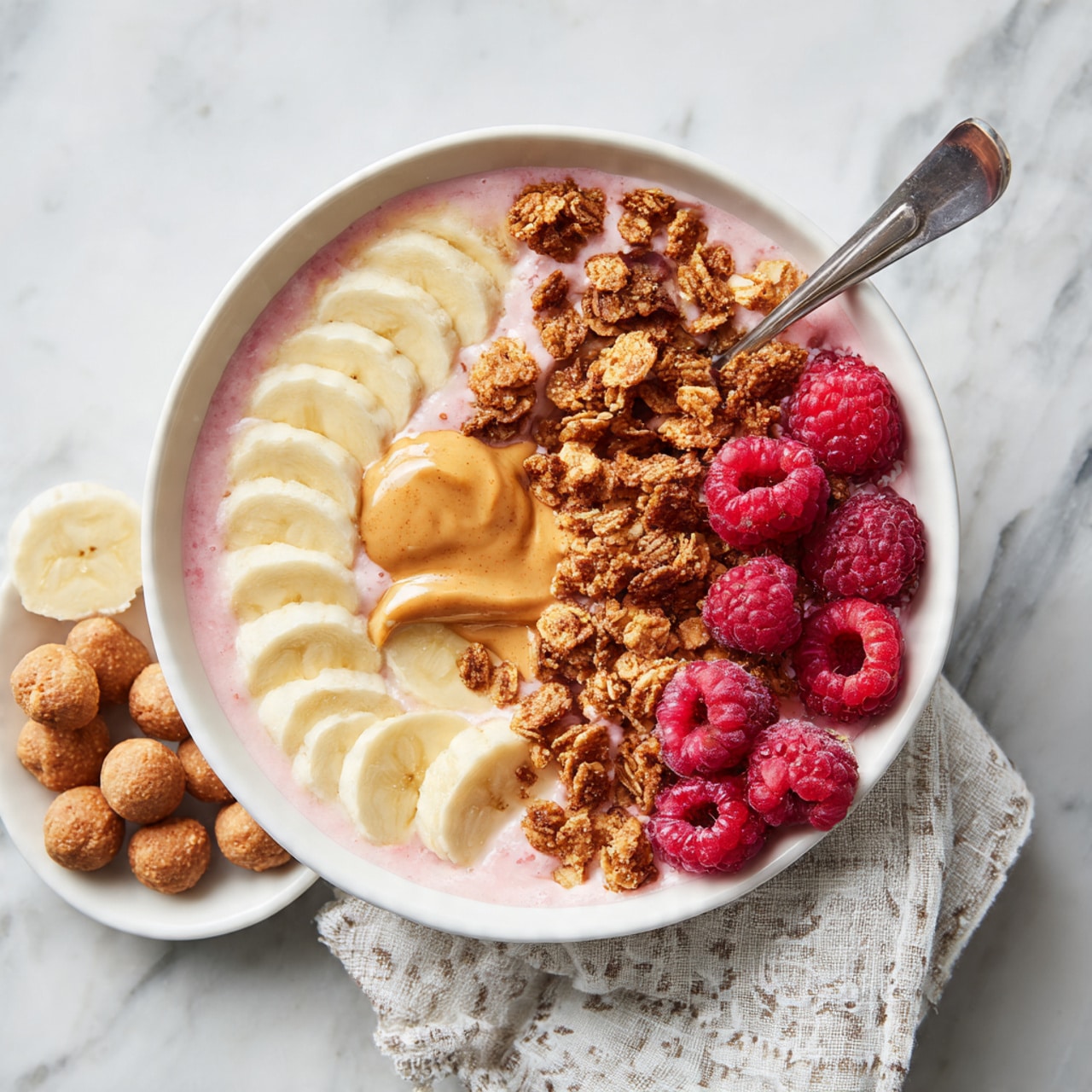 A white bowl filled with layers of food sits on a white marbled surface. The bottom layer appears to be pink smoothie or yogurt. On top, there are banana slices lined on one side, a scoop of peanut butter next to them, clusters of granola in the middle, and bright red raspberries on the other side. Around the bowl, on the white marble, there are small white dishes: one with banana slices, one with raspberries, and one with round brown balls. A woman's hand holds a spoon inside the bowl, ready to scoop. A light patterned cloth is partly under the bowl. Photo taken with an iphone --ar 4:5 --v 7
