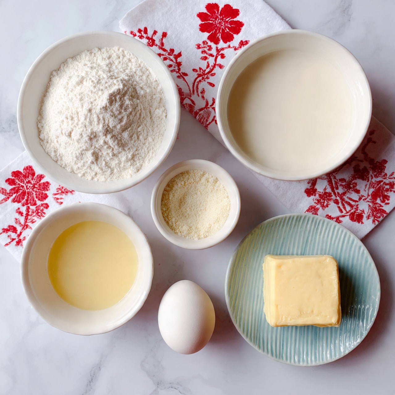 The image shows six separate ingredients placed on a white cloth with red floral patterns, set against a white marbled surface. On the top left, there is a white bowl filled with white flour, and on the top right, a white bowl holds a creamy white liquid. In the bottom left, a white bowl contains a yellowish liquid, while the middle bottom features a single white egg. Next to the egg is a small white bowl with dry yeast, and on the bottom right, a light blue textured plate holds a square piece of pale yellow butter. photo taken with an iphone --ar 4:5 --v 7