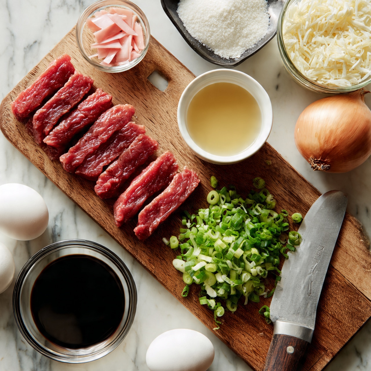 The image shows a wooden cutting board on a white marbled surface with six thin slices of red raw meat laid out in a row on the top left. To the right of the meat, there is a small white bowl containing a light brown liquid. Below the bowl, a pile of finely sliced green onions and shallots is on the cutting board next to a large silver knife with some green onion pieces on its blade. Toward the bottom left corner of the board, there is a clear glass bowl filled with dark soy sauce. Around the cutting board, there are other ingredients: two white eggs on the bottom left, a small black dish holding thin pink slices of pickled ginger, a glass container with a thick beige sauce, a whole brown onion on the top right, a small white bowl with white rice above the cutting board, and a small pile of white salt. The photo taken with an iphone --ar 4:5 --v 7