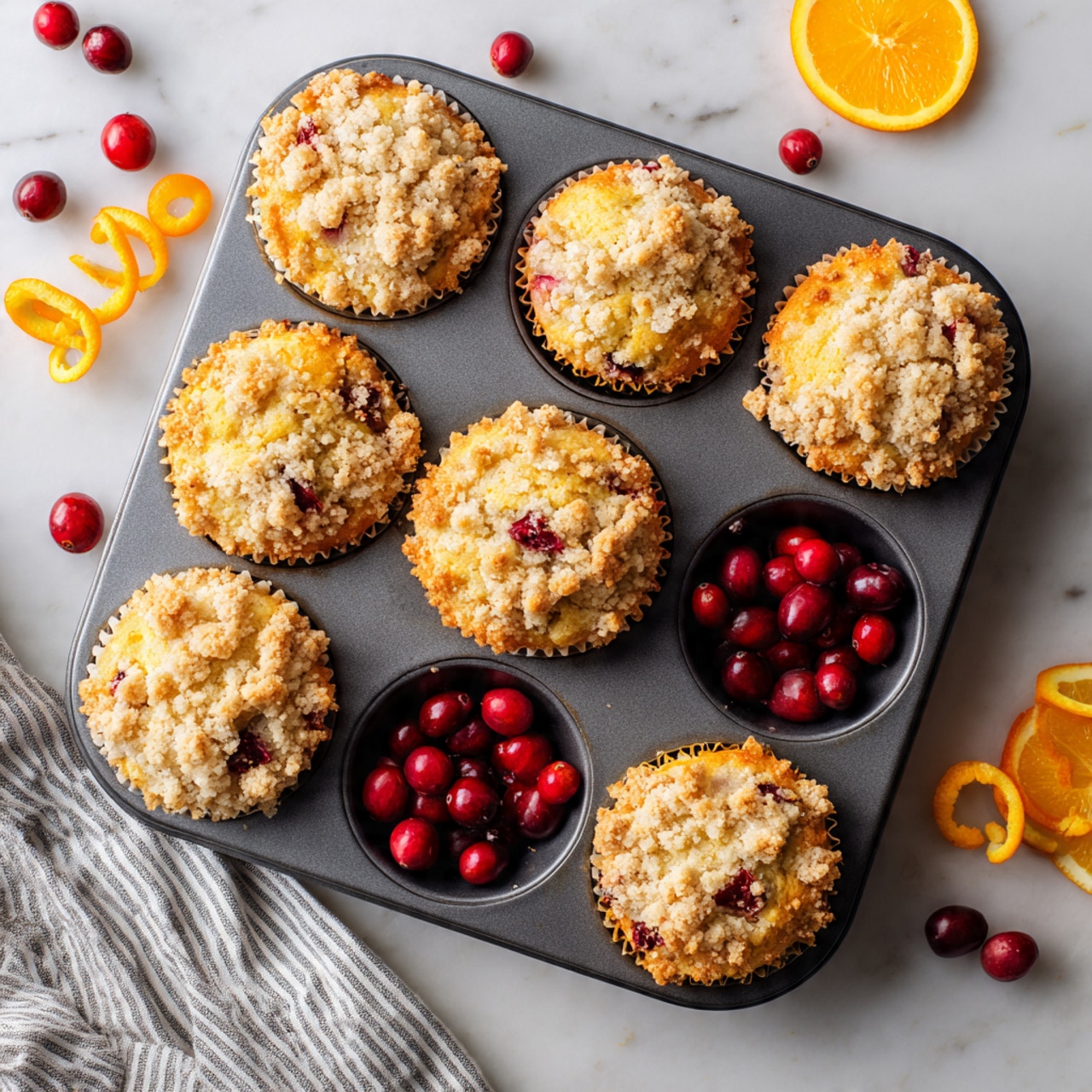 A dark gray muffin tray holds five golden crumb-topped muffins with red berry pieces and light brown crumbly texture on top, filling five of the six slots. The remaining slot is filled with bright red whole cranberries and a curly orange peel spiral. The tray rests on a white marbled surface decorated with scattered fresh red cranberries and orange peel spirals, with a striped cloth partially visible near the bottom left corner. photo taken with an iphone --ar 4:5 --v 7