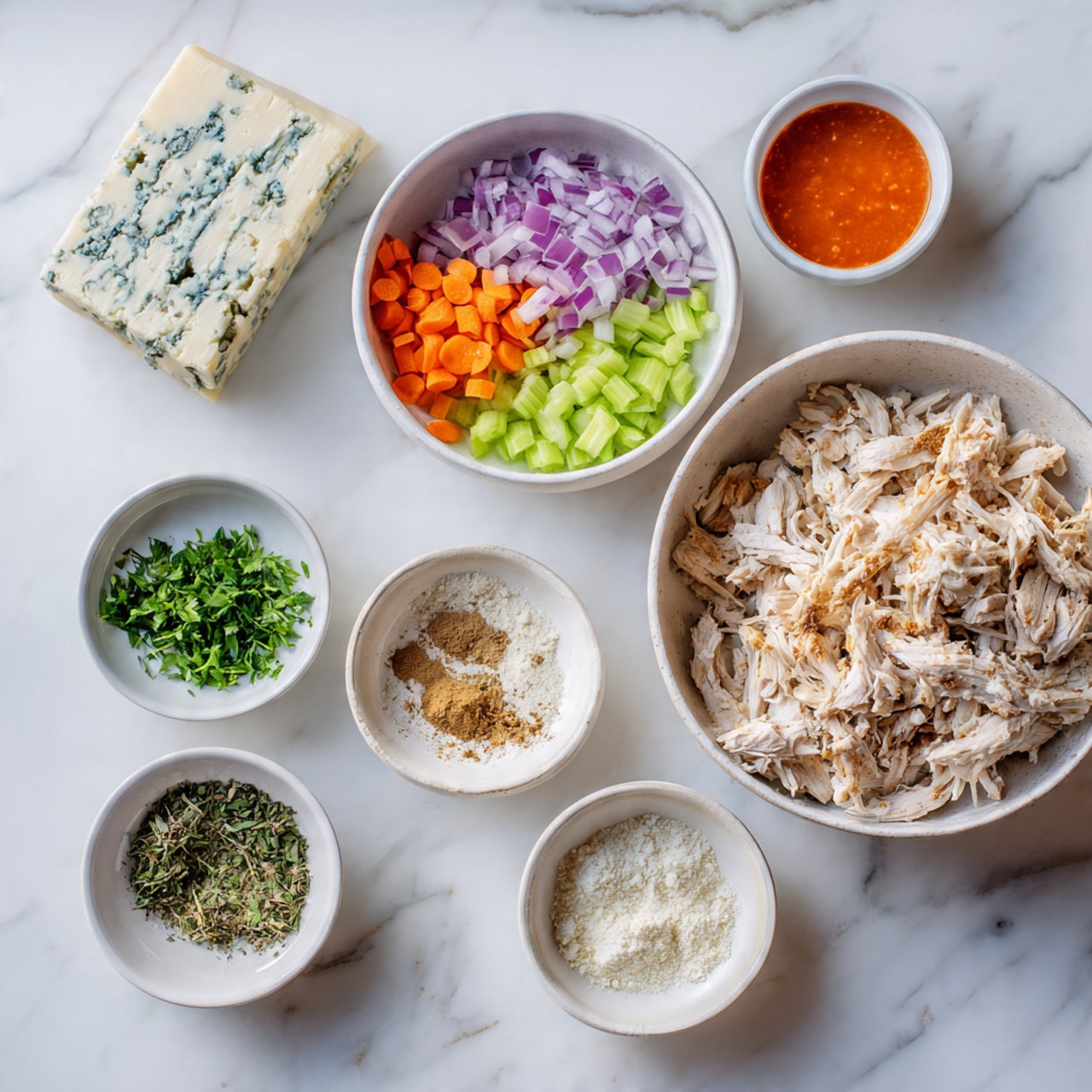 The image shows several white bowls and a block of cheese on a white marbled surface. One large white bowl is filled with shredded chicken, placed to the right. Nearby, a round white bowl holds finely chopped purple onions, green celery, and orange carrots, arranged in sections. A smaller white bowl contains chopped green herbs. Another white bowl has dry ingredients including a white powder, green herbs, and a beige powder, arranged side by side. There is a small white bowl with a bright red sauce, placed near the top right corner. A block of blue cheese rests on the left side of the image. Photo taken with an iphone --ar 4:5 --v 7