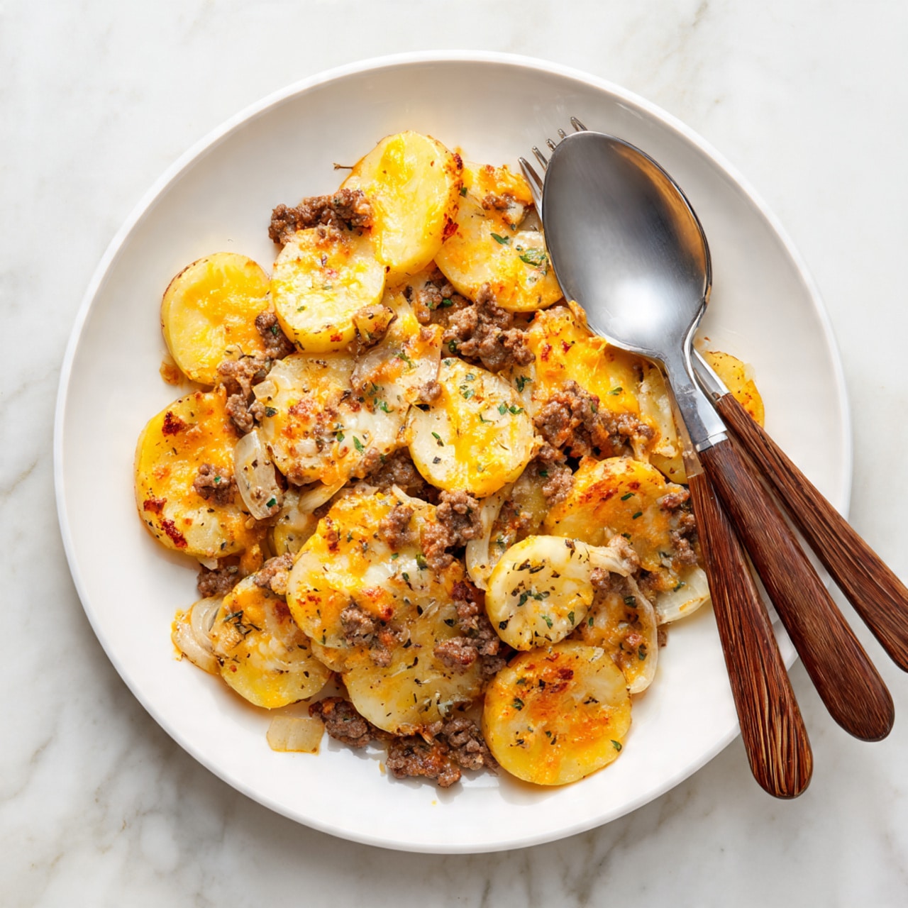 A close-up view of a white plate holding a layered dish made of round, soft yellow potato slices scattered throughout, mixed with irregular chunks of cooked ground meat that is brown with hints of seasoning and herbs. On top and between the layers, melted orange cheese is spread unevenly, creating a textured, slightly shiny surface. The dish has bits of small, light-colored onion pieces and darker green herbs mixed in. Next to the food on the plate is a metal fork and spoon with wooden handles, placed side by side. The plate rests on a white marbled surface. photo taken with an iphone --ar 4:5 --v 7