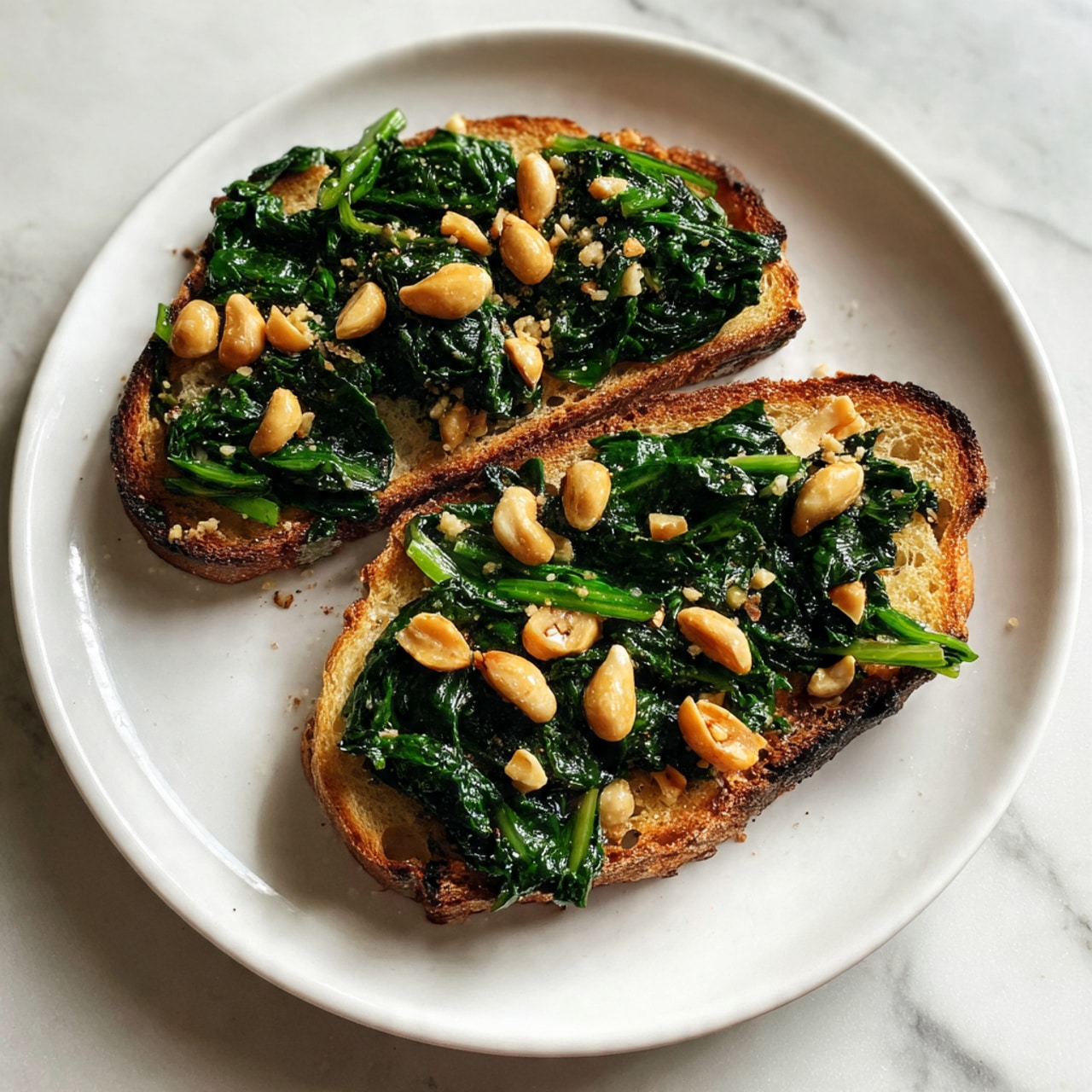 The image shows two pieces of toasted bread on a white plate, each topped with dark green cooked spinach that looks soft and moist. Scattered over the spinach are light brown nuts, adding texture and contrast. The bread underneath is golden with a rough surface from toasting. The plate sits on a white marbled surface. photo taken with an iphone --ar 4:5 --v 7