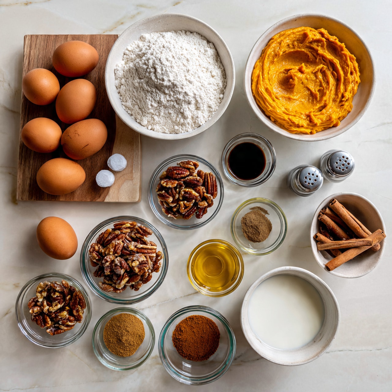 The image shows a wooden table with various small glass and white bowls arranged neatly, containing ingredients for baking. From left to right, there are five brown eggs, a white bowl filled with flour, a small white bowl with dark vanilla extract, a small bowl with white salt, two small glass bowls with chopped pecans, a slightly bigger white bowl filled with orange pumpkin puree swirled on top, a small glass bowl holding golden syrup, a smaller glass bowl with cinnamon sticks, and another with ground cinnamon and other brown spices. There are two small salt and pepper shakers near the center and a white bowl with a small amount of milk near the eggs. The setting is on a white marbled texture surface. Photo taken with an iphone --ar 4:5 --v 7