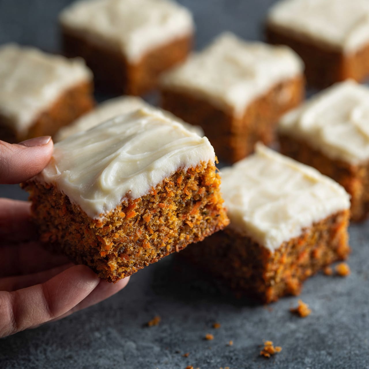 The image shows several square pieces of carrot cake with a thick layer of creamy white frosting on top. Each piece has a slightly rough texture, with the orange-brown cake base visible beneath the smooth, light frosting layer. The frosting is evenly spread and has fine lines made by a fork or knife. The cake pieces are arranged on a dark, rough surface that contrasts with the white marbled texture background. One piece is being held gently by a woman's hand in the foreground, showing the thickness of the cake and frosting clearly. photo taken with an iphone --ar 4:5 --v 7