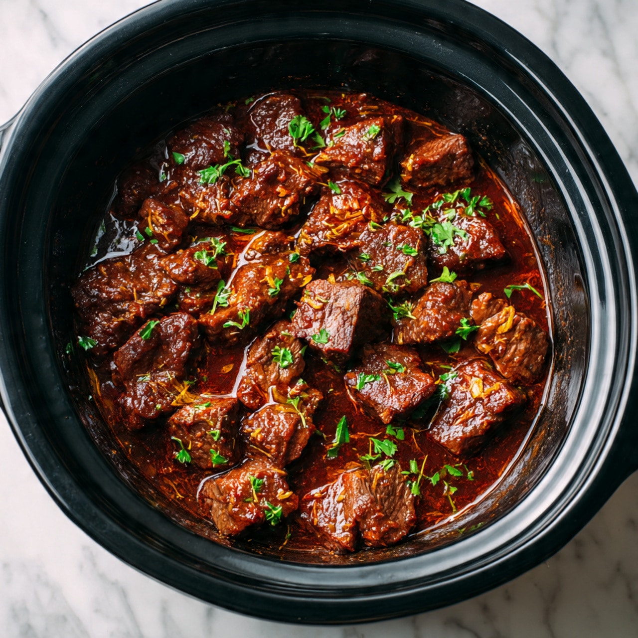 This image shows a close-up of a black slow cooker filled with chunks of browned beef stew meat soaked in rich brown sauce. The beef pieces are layered close together, tender and juicy, with bits of green herbs sprinkled on top for color contrast. The sauce is thick and glossy, coating the meat evenly with hints of onion strands mixed in. The slow cooker rim is visible around the edges, and the background surface is a white marbled texture. photo taken with an iphone --ar 4:5 --v 7
