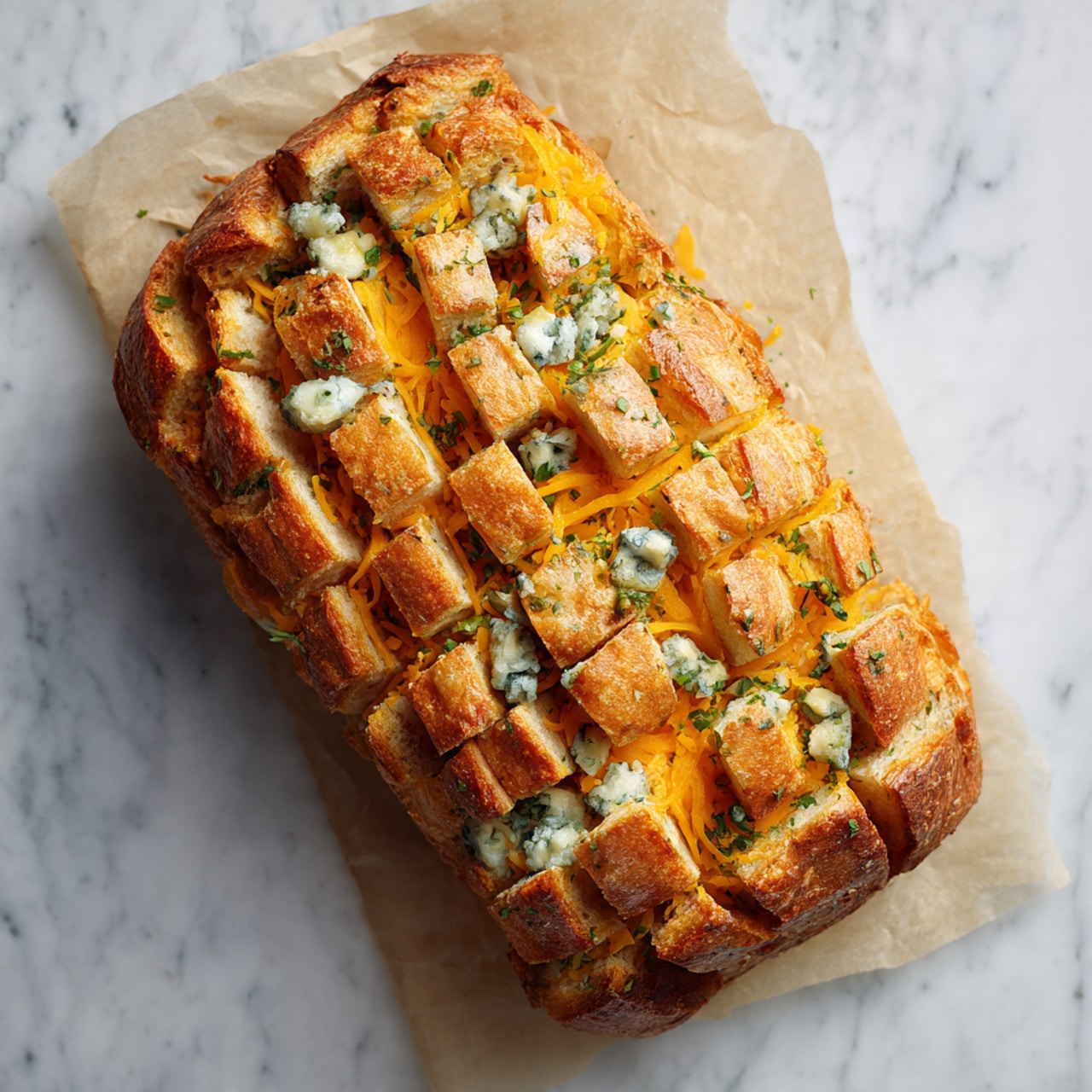 A loaf of bread is shown with deep horizontal and vertical cuts creating a grid pattern. The bread's crust is a golden brown, slightly rough and crisp. Between the bread slices, there are layers of bright orange shredded cheddar cheese and small chunks of blue cheese, sprinkled unevenly, filling the crevices. The surface has a few green herbs scattered on the cheese and bread. The bread is placed on a sheet of parchment paper over a white marbled texture. Photo taken with an iphone --ar 4:5 --v 7