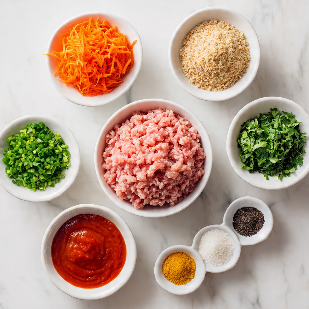A top-down view of eight small white bowls arranged neatly on a white marbled surface, each holding different ingredients for cooking. The central bowl is filled with pale pink raw ground meat. Surrounding it are bowls containing bright orange shredded carrots, fresh green chopped scallions, chopped green herbs, breadcrumbs with a light tan color, smooth red-orange sauce, and a small bowl with six separate sections of spices in colors of bright red, yellow, white, and black. The all-white bowls create a clean and organized look with a bright, fresh feeling. Photo taken with an iphone --ar 4:5 --v 7