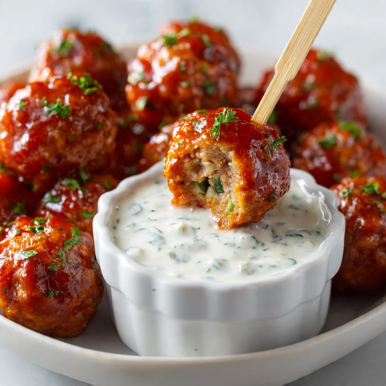 A close-up view of many orange-red meatballs covered in shiny sauce with small bits of green herbs sprinkled on top, one meatball in the center with a bite taken out showing a soft, light orange inside with green bits, held by a small wooden skewer with a loop at the top, placed around a small white scalloped bowl full of thick white dipping sauce with green specks, all set on a white marbled surface. Photo taken with an iphone --ar 4:5 --v 7
