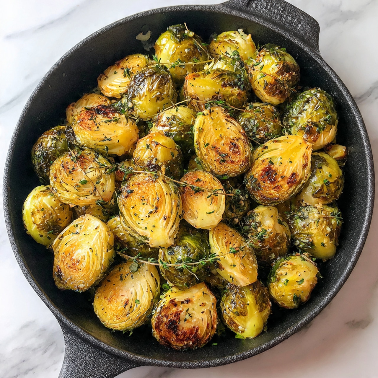 The image shows a round black cast iron pan filled with roasted Brussels sprouts. The Brussels sprouts are browned on the edges, with a mix of golden yellow and green colors, showing they are cooked well. The sprouts are whole, some halved, and evenly spread across the pan. The pan sits on a white marbled surface. photo taken with an iphone --ar 4:5 --v 7