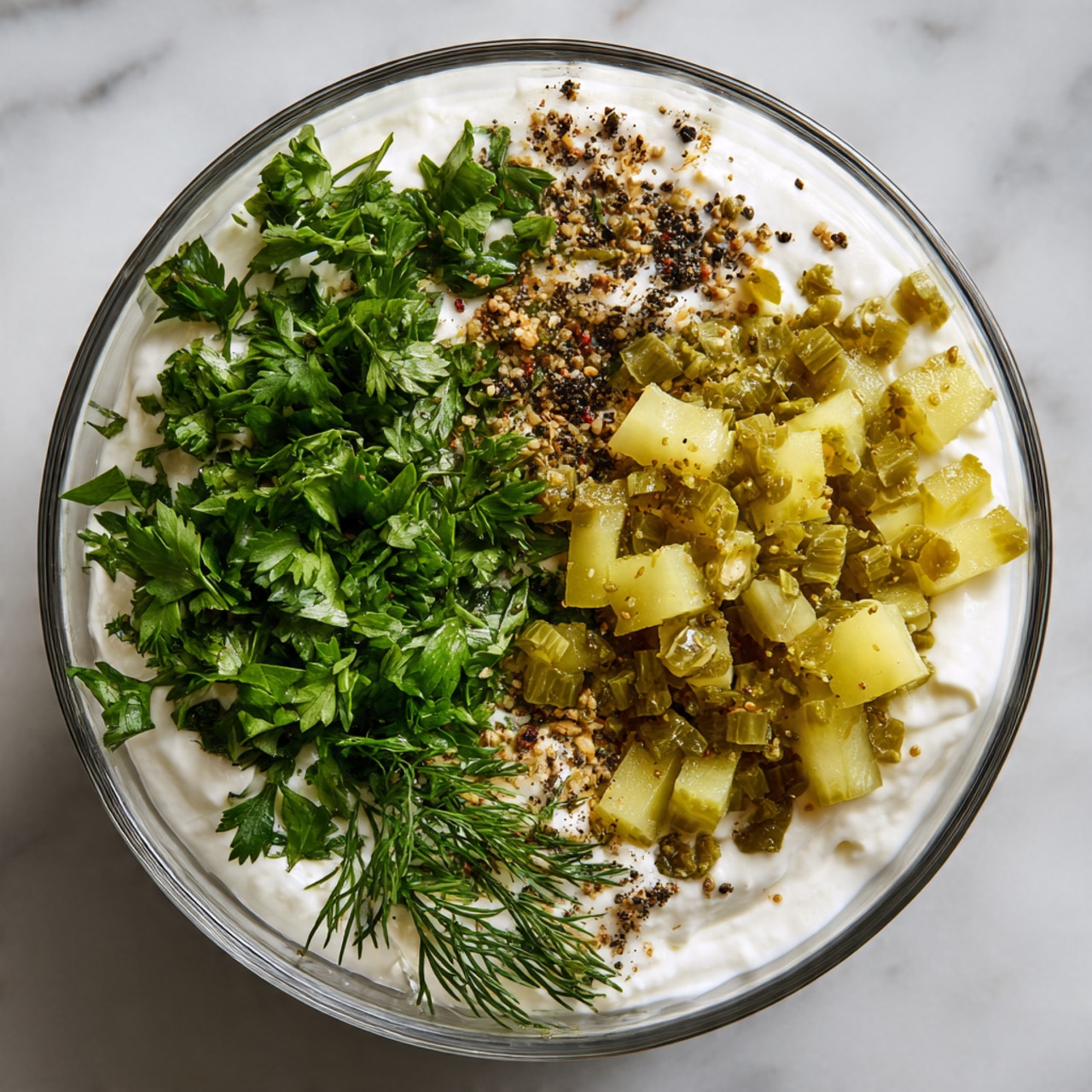 A clear glass bowl sits on a white marbled surface with three main layers inside: the first layer is white cream or yogurt at the bottom, topped with a pile of finely chopped green herbs on one side, and diced light brown pickles on the other, with a sprinkle of black pepper on the cream part. Around the bowl, there are fresh green herb sprigs, including dill and parsley, adding a natural, fresh touch. Photo taken with an iphone --ar 4:5 --v 7