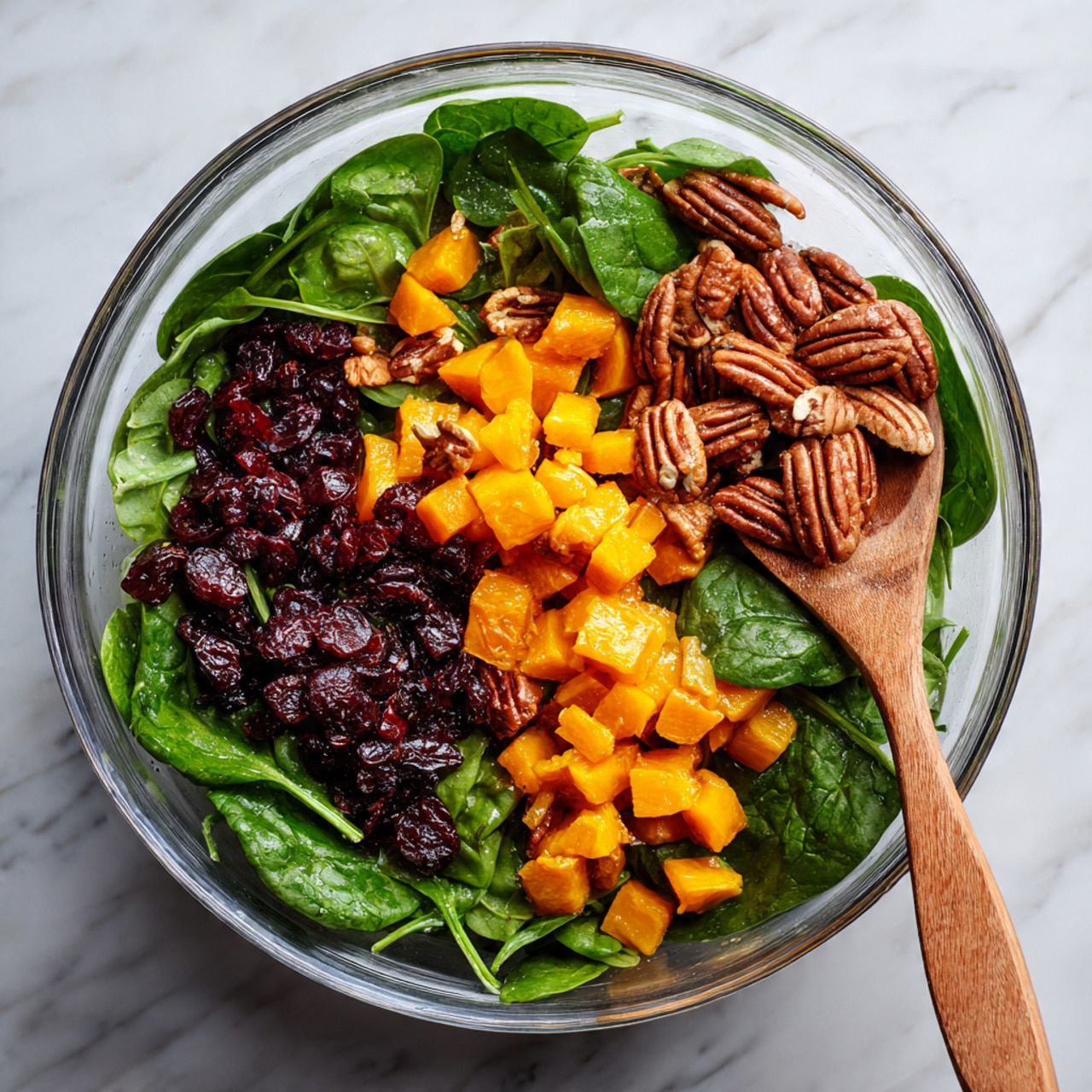A clear glass bowl on a white marbled surface holds a colorful salad with three main layers. At the bottom, there is a bed of green leafy spinach. Above the spinach, there are small orange cubes of roasted squash taking up about half the bowl on one side. On the other side, there are dark brown pecans alongside some darker dried cranberries. A light wooden spoon rests inside the bowl, slightly leaning on the edge. Photo taken with an iphone --ar 4:5 --v 7