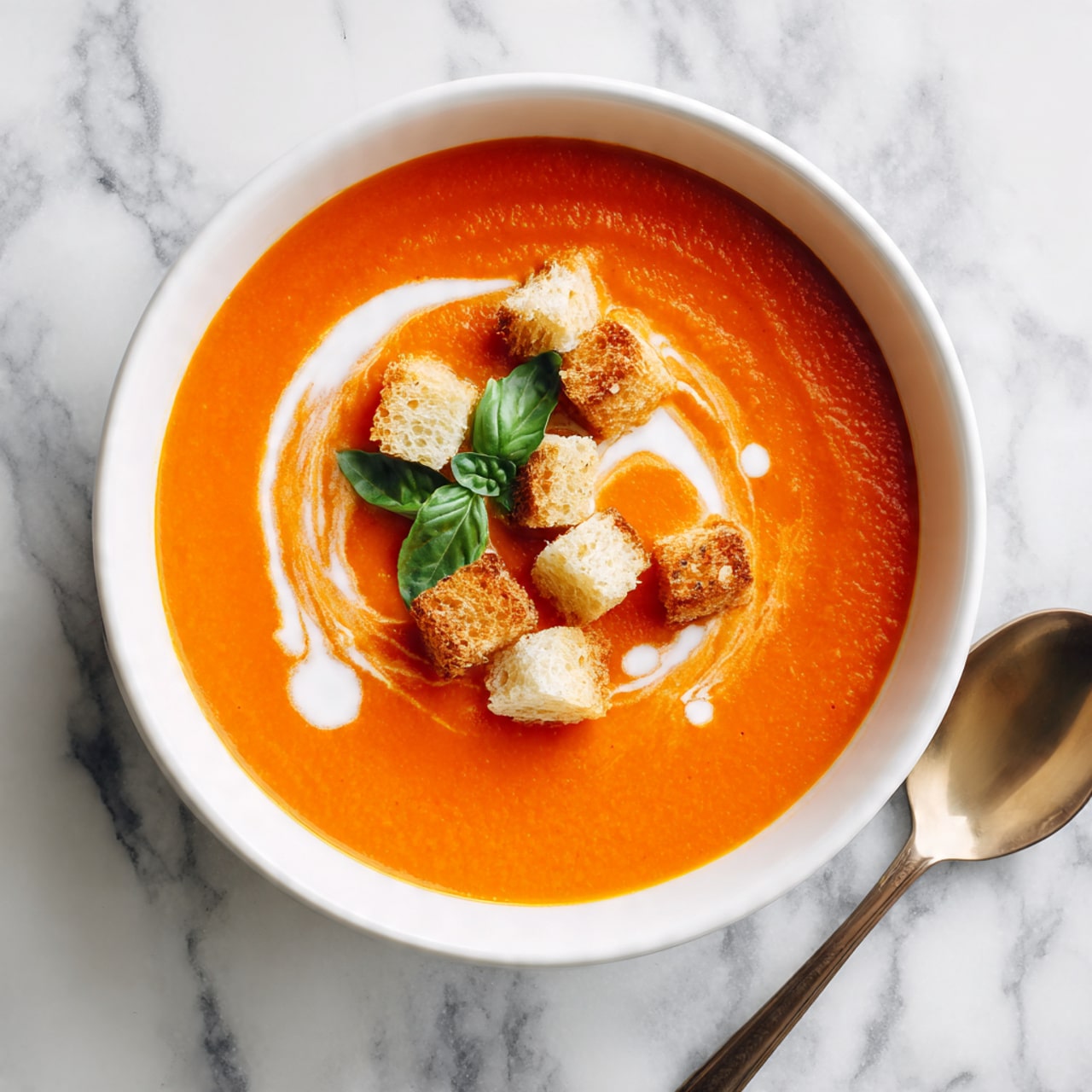 A white bowl filled with smooth, bright orange tomato soup. On top, there is a swirl of light cream creating a soft pattern near the center. Six small, round white croutons are placed in a loose cluster on the cream. A small green basil leaf sits next to the croutons, adding a hint of color contrast. The bowl is set on a white marbled surface. Photo taken with an iphone --ar 4:5 --v 7