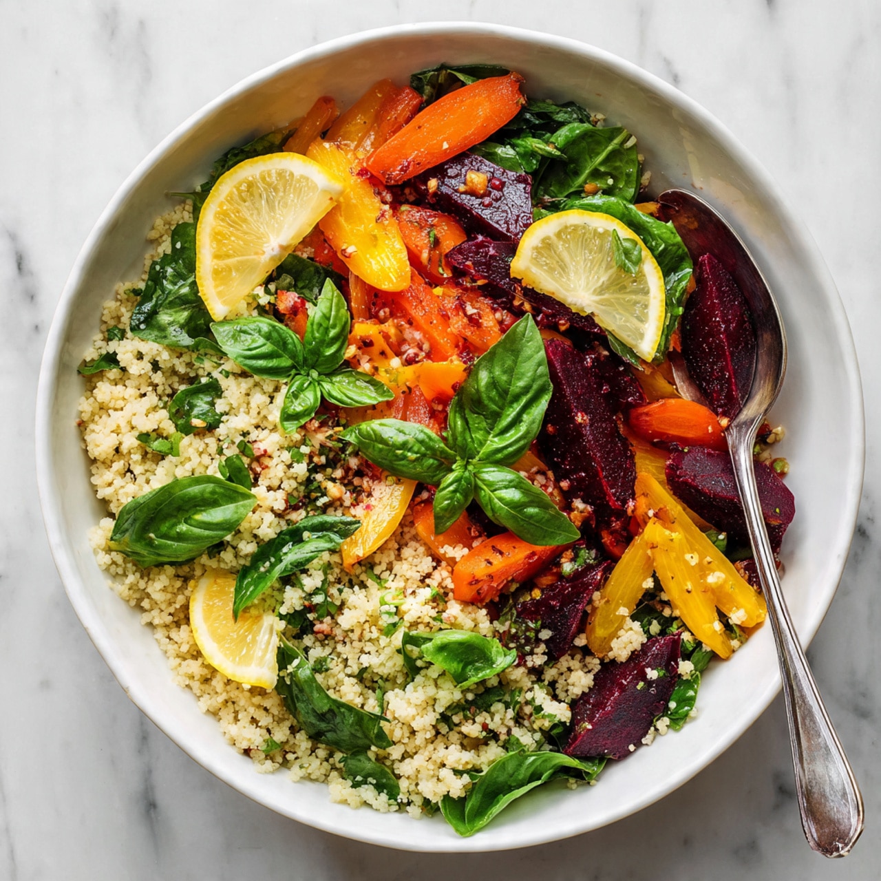 The image shows a white bowl filled with a colorful salad on a white marbled surface. The salad has several layers: the bottom layer is made up of small grains like couscous or quinoa with a slightly beige color; on top of that, there are bright orange carrot slices scattered evenly; mixed in are small pieces of dark red or purple vegetables, possibly beets, adding a rich color contrast; fresh green basil leaves are spread over the salad, adding a vibrant touch; lemon wedges are placed along the edge inside the bowl; a silver spoon rests on the right side of the bowl; the overall look is fresh, colorful, and inviting. photo taken with an iphone --ar 4:5 --v 7