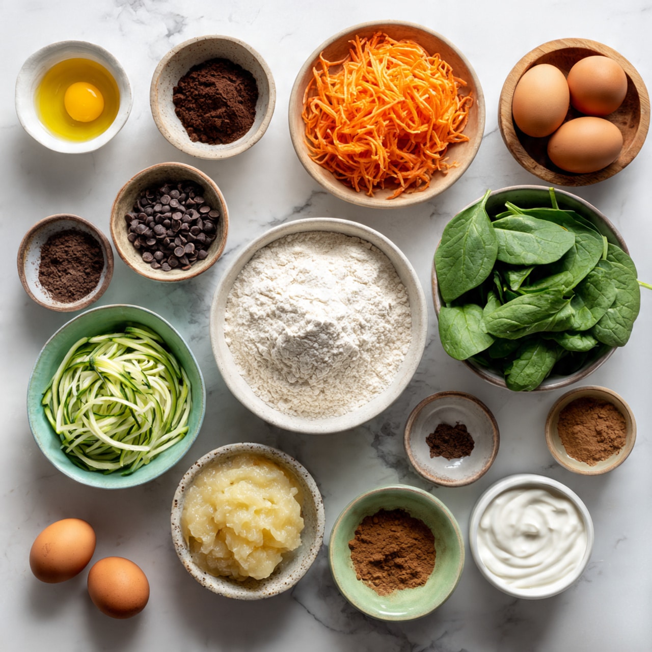 The image shows a top view of many small bowls on a white marbled surface, each holding different ingredients. There is a central bowl filled with white flour, surrounded by a bowl of bright orange shredded carrots to the top right, a bowl of fresh green spinach leaves to the far right, and a bowl of grated light green zucchini at the bottom left. Other bowls contain dark brown cocoa powder, small dark brown chocolate chips, a yellow liquid oil, two brown eggs on a small wooden plate, white salt, white baking powder, and light brown cinnamon. There is also a bowl of light yellow applesauce and a small bowl of thick white yogurt. The colors and textures are clear, showing the natural look of each ingredient. photo taken with an iphone --ar 4:5 --v 7