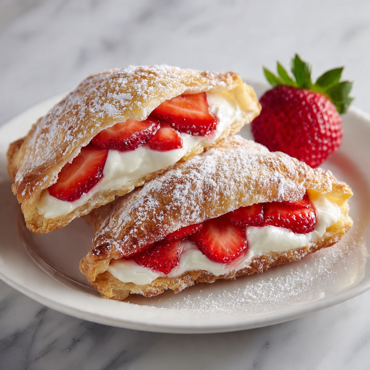 The image shows a white plate with two pieces of golden-brown pastry filled with bright red strawberry slices and a soft cream filling. The pastries have a slightly crispy texture with sugar dusted on top, giving them a sparkling look. The strawberry slices inside are fresh and juicy, creating a vivid red contrast against the light creamy layer and the golden pastry. A whole strawberry with green leaves is placed near the back of the plate for decoration. The plate sits on a white marbled surface. photo taken with an iphone --ar 4:5 --v 7