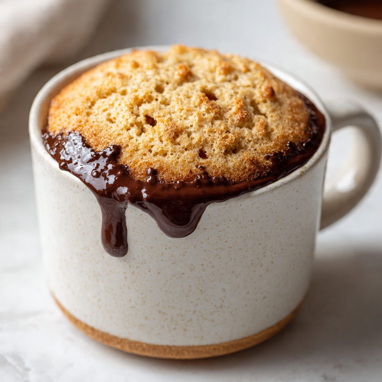 A close-up image of a light brown mug cake with a rough, airy texture and small holes on the surface, sitting in a white mug. The cake is risen well above the mug's rim, showing some dark brown melted chocolate spots peek through and slightly drip down the side of the mug. The background features a white marbled texture with a blurred bowl in the top part of the frame, adding depth to the shot. Photo taken with an iphone --ar 4:5 --v 7