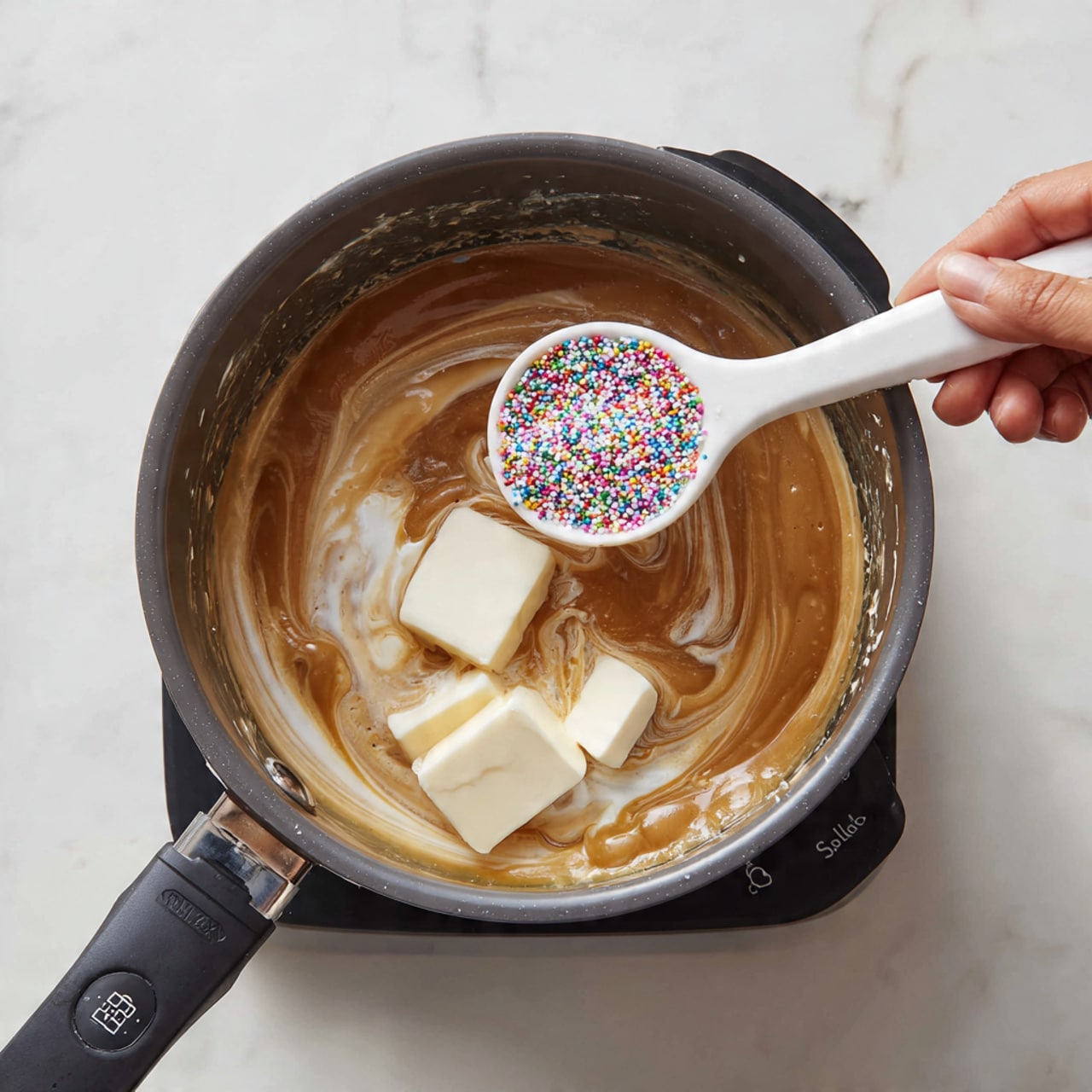 A dark gray pot sits on a black trivet over a white marbled surface. Inside the pot, a caramel-colored liquid swirls, with several white butter pieces melting on top, showing smooth, creamy textures. A woman's hand holds a black measuring spoon filled with white granulated salt above the pot, about to add it in. A white spoon with colorful sprinkles rests inside the pot, stirring the mixture. The pot has some marks and stains on its interior sides, showing use. The scene is bright and clean, focusing on the rich blend of ingredients. photo taken with an iphone --ar 4:5 --v 7