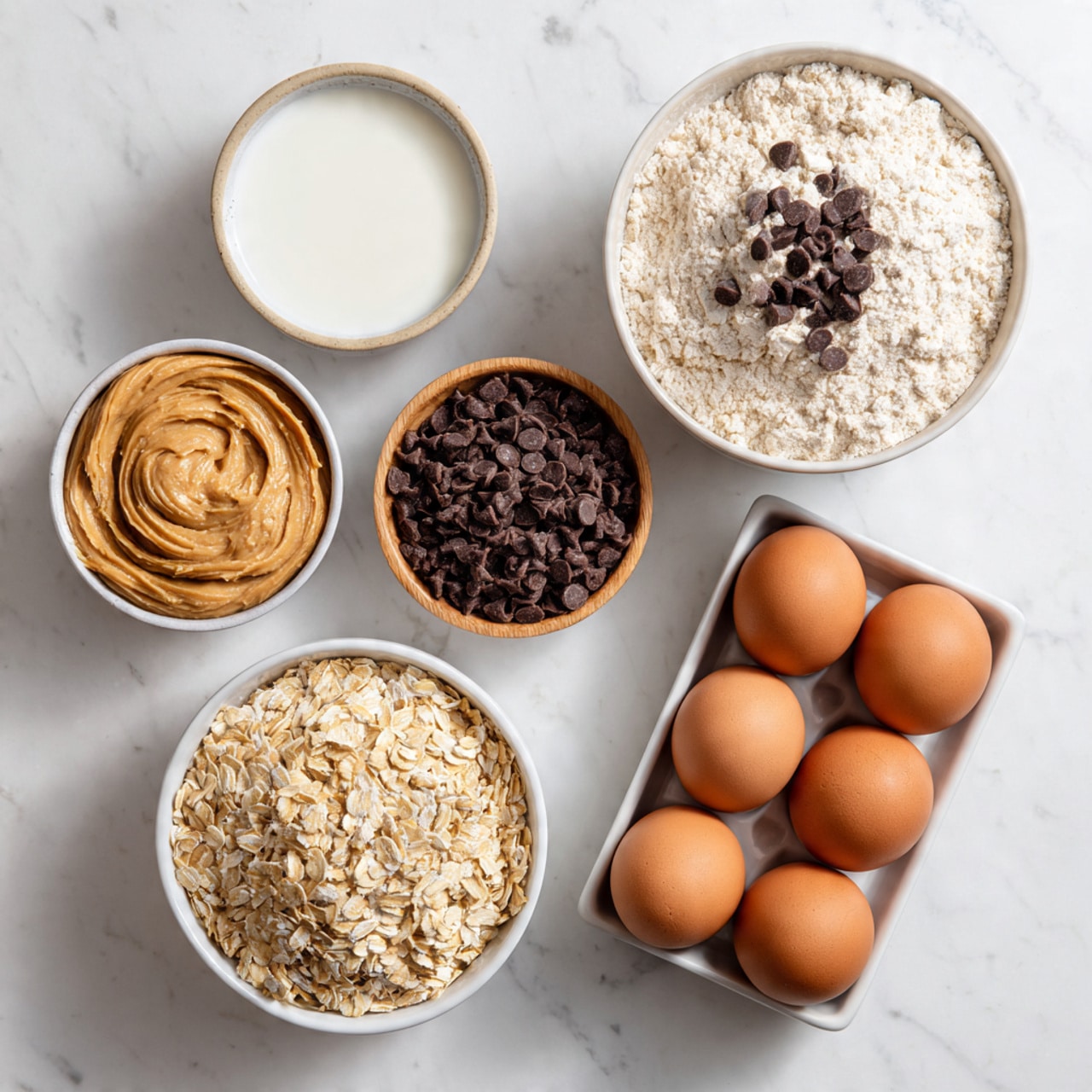 The image shows six ingredients placed on a white marbled surface. In the top right, there is a large white bowl filled with light tan flour mixed with small dark chocolate chips scattered on the surface. To the left of this bowl, there are two smaller bowls: one with white milk and the other with dark brown chocolate chips in a light brown bowl. Below these, there is a white bowl filled with smooth, creamy peanut butter that has swirled patterns on top. At the bottom left, there is a light brown bowl full of rolled oats, showing their flat and rough texture. On the bottom right, there is a white rectangular container holding six brown eggs arranged neatly in two rows of three. Photo taken with an iphone --ar 4:5 --v 7