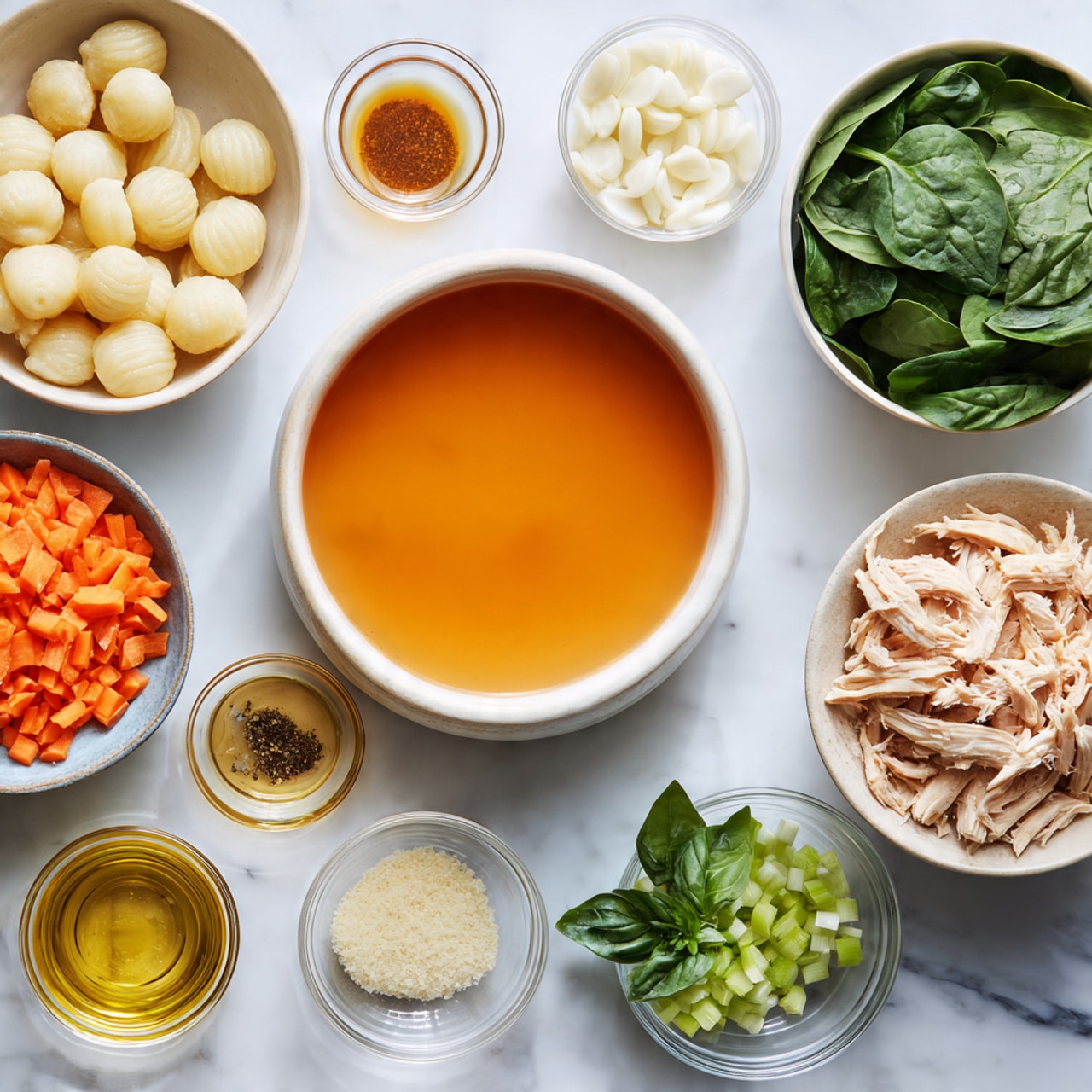 A top-down view shows several white bowls arranged neatly on a white marbled surface. The largest bowl in the center holds a smooth, shiny orange broth. Surrounding this are smaller bowls: one with round, ridged white gnocchi pieces, another with fresh green spinach leaves, a bowl with shredded light brown roasted chicken, one with chopped white onions, another with bright orange chopped carrots, and one with chopped green celery. Small clear glass bowls contain minced garlic, amber-colored vinegar, golden olive oil, salt, black pepper, and fresh green basil leaves. Each ingredient is clearly separated, highlighting different textures and vibrant colors. photo taken with an iphone --ar 4:5 --v 7