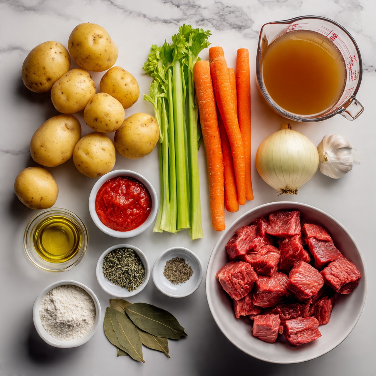 The image shows an organized spread of ingredients on a white marbled surface. There are five medium yellow potatoes on the bottom left, next to three stalks of green celery with leaves on top. Beside celery, five orange carrots are placed in a row, with three garlic cloves and a whole pale yellow onion above them. To the right side, there is a large white bowl filled with raw red beef chunks, and just above it, a glass measuring cup filled with brown broth. Near the onion, a small white bowl holds a red tomato paste, while another small white bowl contains white flour. A small bowl with mixed green dried herbs and bay leaves above it sits near salt and pepper in a tiny white bowl, and a glass container of light olive oil is at the bottom left. photo taken with an iphone --ar 4:5 --v 7
