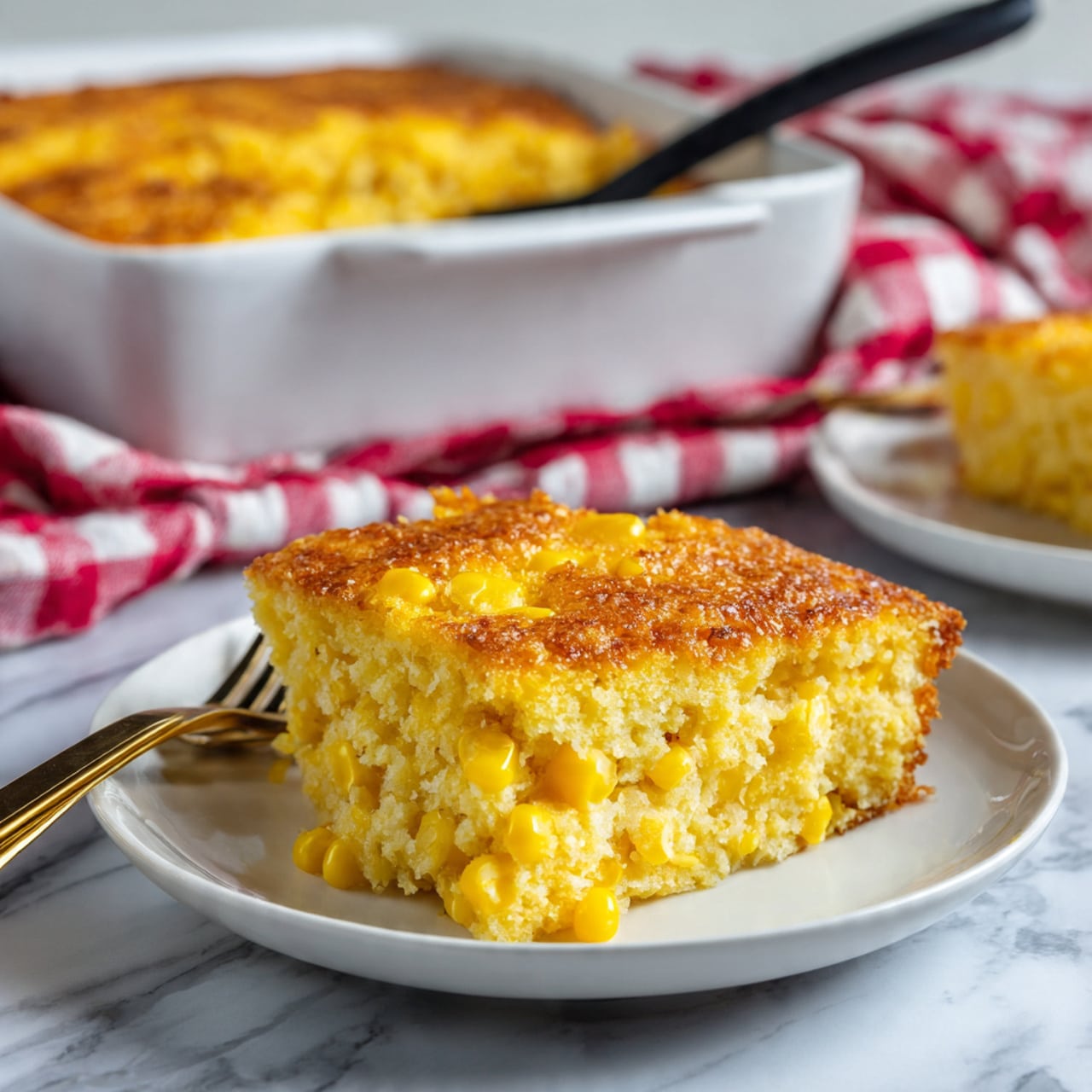 A pile of golden yellow corn casserole sits on a white plate, with visible whole corn kernels mixed through a soft, slightly crumbly batter layer that has a crisp, browned top. The casserole looks thick and chunky, with the outer edges being more browned and a bit crusty, while the inside appears softer and moist. In the background, there is a white baking dish with more casserole, and a black spoon resting inside it. The setting is on a white marbled surface with two forks nearby and a red-and-white checkered cloth to the side. Photo taken with an iphone --ar 4:5 --v 7