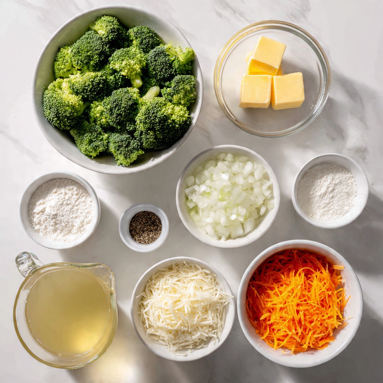 The image shows a white marbled surface with several white bowls and a small clear glass. The top left has a white bowl filled with fresh green broccoli florets. To its right, a small clear glass holds two yellow butter cubes. Below the butter is a medium white bowl full of chopped white onions. Below the broccoli, there is a small white bowl with white flour. To the right of the flour is a small white bowl containing black pepper and salt. In the center, a medium white bowl holds finely shredded orange carrots. To the left of the carrots, there are thin strands of shredded pale yellow cheese. At the bottom left corner, a clear measuring jug filled with light yellow broth sits, and to the right of that, a small white bowl holds a white powdery ingredient. The overall scene is bright with clear colors and textures, photo taken with an iphone --ar 4:5 --v 7
