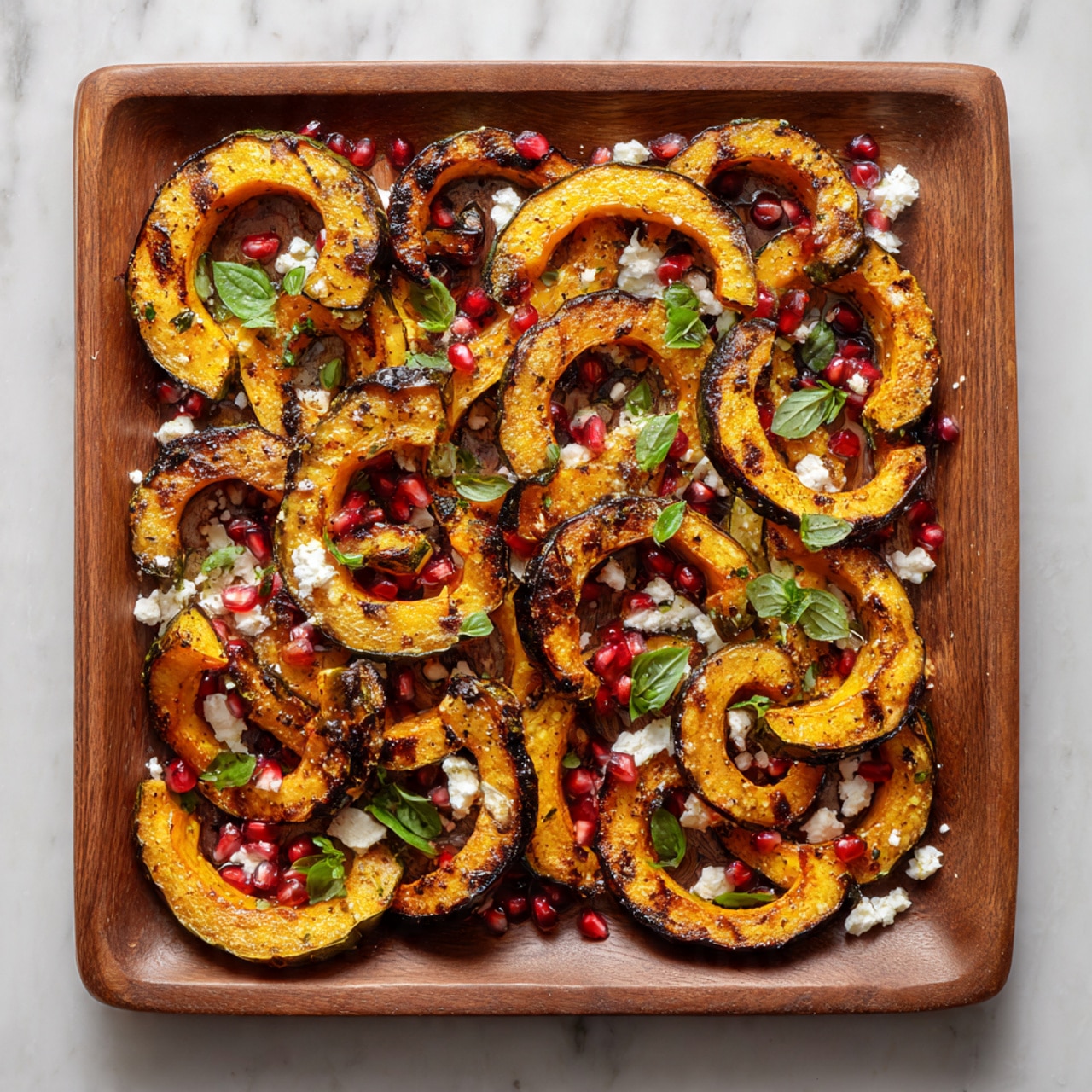 A large wooden tray filled with many crescent-shaped roasted orange squash slices, each with dark brown charred edges and a soft texture. Scattered over the squash are small white crumbles of cheese and bright red pomegranate seeds, adding pops of color. Fresh green basil leaves are torn and spread evenly across, giving a fresh look. Everything rests on a white marbled surface. photo taken with an iphone --ar 4:5 --v 7