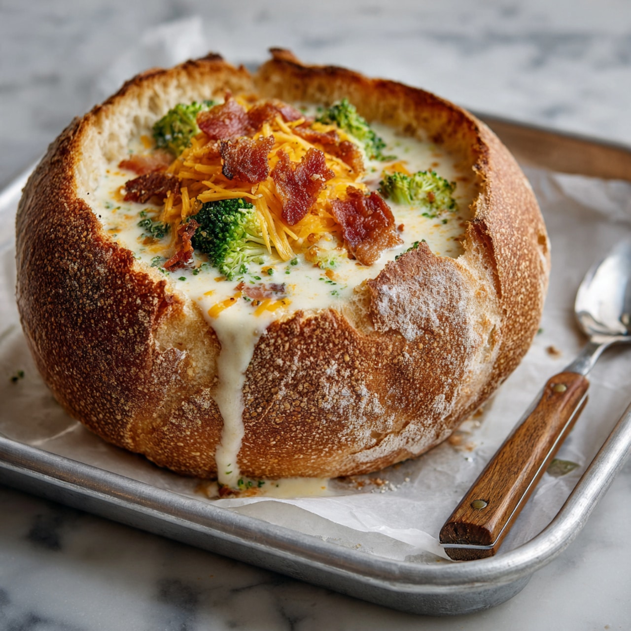 The image shows a round bread bowl with a thick, golden-brown crust on the outside and a soft white inside. The top part of the bread is removed and placed next to the bowl. Inside the bowl, there is a creamy soup with visible small green broccoli pieces and orange shredded cheese on top. Small pieces of crispy bacon are scattered across the surface, and a little soup is dripping down the side of the bread. The bread bowl is placed in a silver metal tray with white parchment paper underneath, and next to it is a spoon with a wooden handle resting on the tray, all set on a white marbled surface. photo taken with an iphone --ar 4:5 --v 7