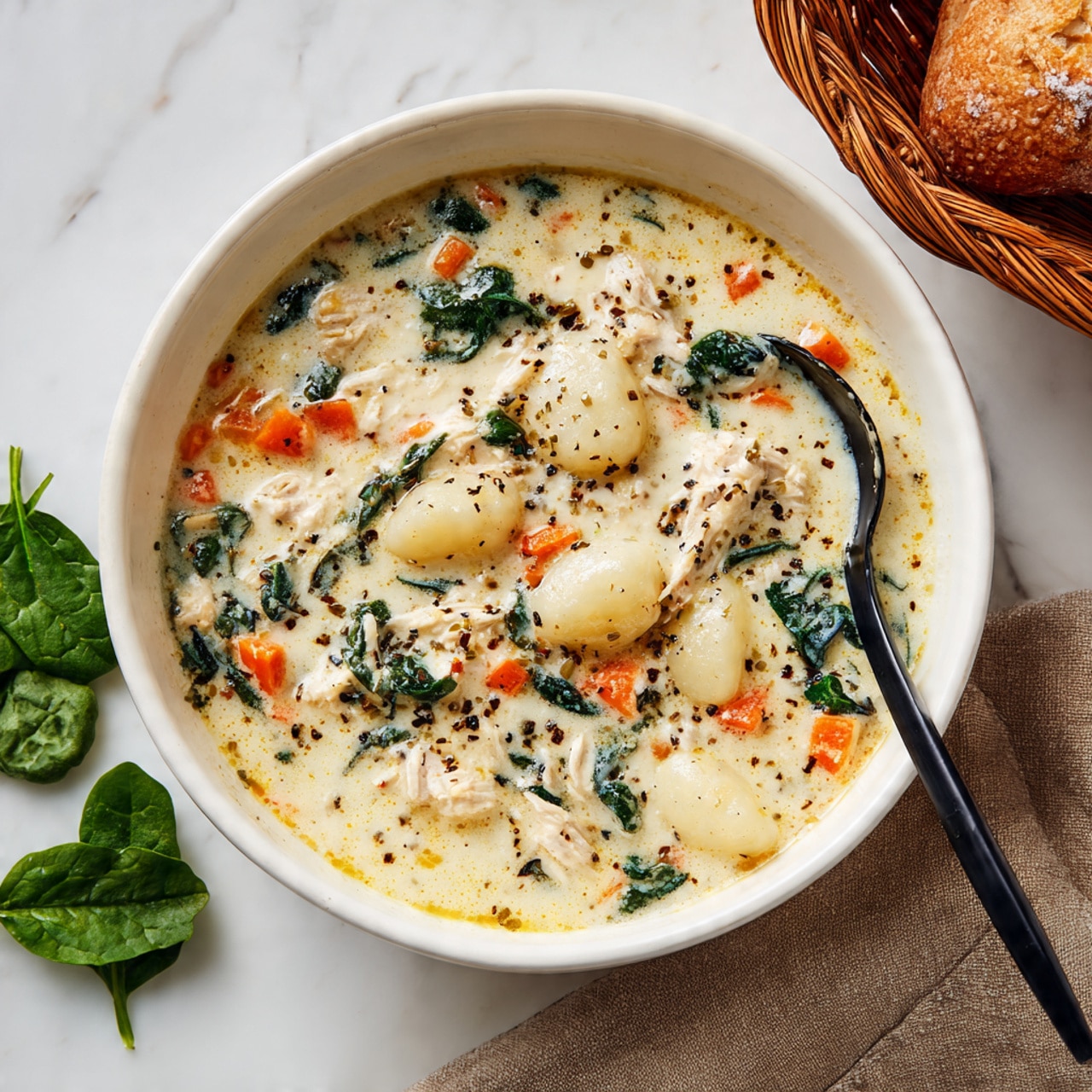 A white bowl filled with creamy soup showing three layers: the top layer is a thick, light cream broth with small black pepper specks; the middle layer has chunks of soft white gnocchi and small pieces of cooked chicken; the bottom layer includes bits of bright orange carrot cubes and rich dark green spinach leaves scattered evenly throughout. A black spoon is partially dipped into the soup on the right side of the bowl, and fresh spinach leaves lie on the white marbled surface around the bowl. In the background is a wicker basket with bread. photo taken with an iphone --ar 4:5 --v 7