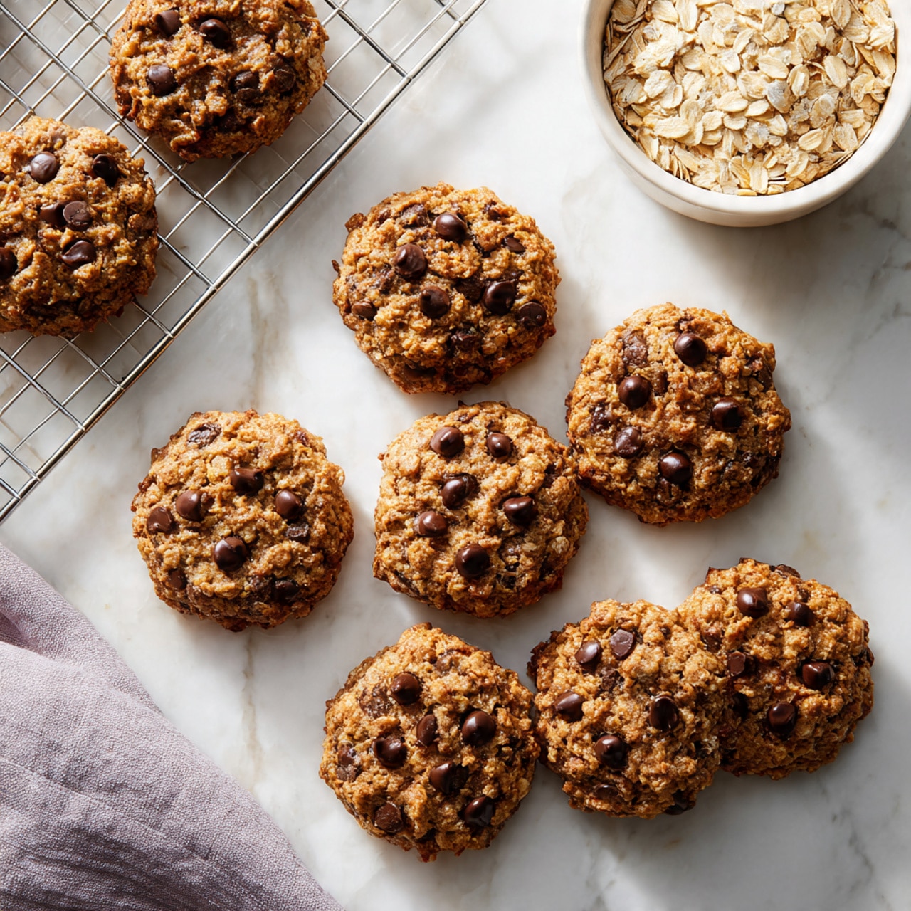 A group of eight round oatmeal cookies with chocolate chips is arranged on a white marbled surface, with five cookies lying directly on the surface and three placed on a rectangular metal cooling rack at the top left. The cookies have a rough, grainy texture showing visible oats and dark brown chocolate chips scattered across each one. To the top right, there is a white bowl filled with light beige rolled oats. At the bottom left corner, part of a light purple cloth is visible. The lighting is bright, creating soft shadows under the cookies, enhancing their texture. Photo taken with an iphone --ar 4:5 --v 7