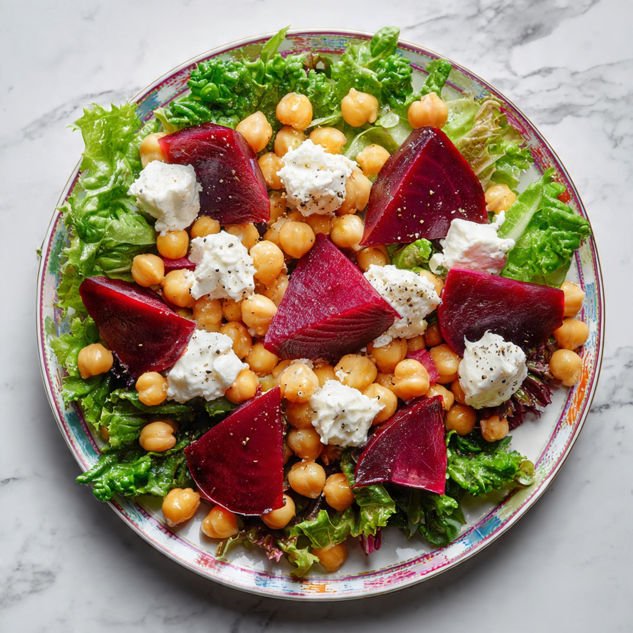The image shows a salad arranged in a white plate with a colorful edge, set over a white marbled surface. The base layer consists of fresh green leafy vegetables spread evenly. On top, there is a generous layer of light tan chickpeas, creating a textured look. Scattered around the chickpeas are thick, wedge-shaped slices of deep red beetroot. Small dollops of white and speckled soft cheese are placed on the beetroot and chickpeas, adding a creamy contrast in color and texture. The combination of green, beige, deep red, and white colors makes the salad look fresh and vibrant. Photo taken with an iphone --ar 4:5 --v 7