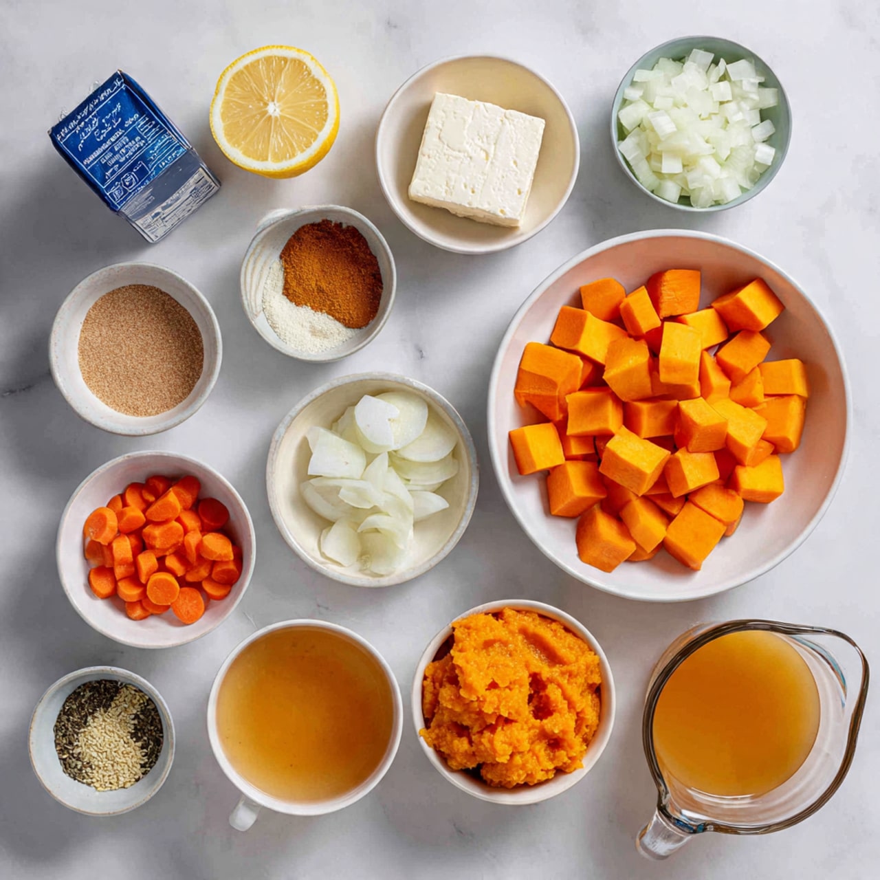 There is one large white bowl filled with cubed orange pieces of squash at the center right. Next to it, a small white bowl contains diced white onion. Below this, another small white bowl holds thin round slices of orange carrot. A clear measuring cup with orange vegetable broth sits near the bottom right corner. Above the carrots is a white bowl with a block of white cream cheese. Near the top, a small white bowl contains a mix of brown, yellow, and white spices. Another white bowl next to it holds deep orange mashed squash. To the left of the squash, a small white bowl with brown sugar is placed. Nearby, another small white bowl contains a light amber liquid, likely maple syrup. A sliced lemon exposing its yellow inside rests to the left. White bowls with minced garlic and an off-white creamy liquid are placed at the bottom left. A blue vegetable broth carton is tilted nearby. The surface is white marbled texture. photo taken with an iphone --ar 4:5 --v 7