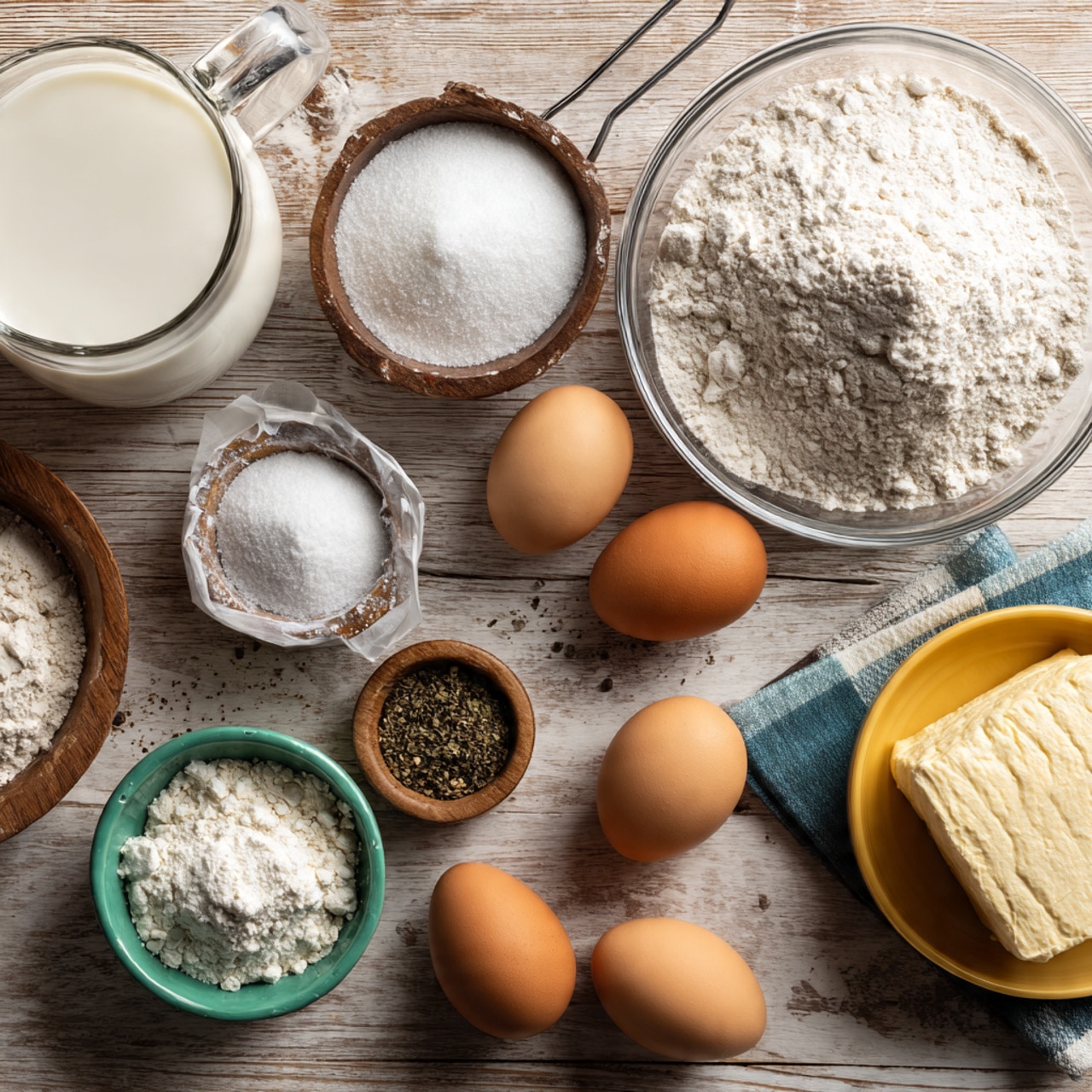A group of baking ingredients is shown from above, arranged on a light brown wooden surface. On the far left, there is a clear glass measuring cup filled with white milk. Next to it is a metal measuring cup with white sugar. A clear bowl filled with a mound of white flour is placed on the upper right side. Four brown eggs are placed nearby, scattered around small bowls. One small wooden bowl contains white salt, while a green bowl has dry yeast, and a yellow bowl holds black pepper. A small wrapped block of fresh yeast is also shown, tied in white and blue paper. All items are organized close to each other, creating a neat, colorful mix of textures and shapes. Photo taken with an iphone --ar 4:5 --v 7